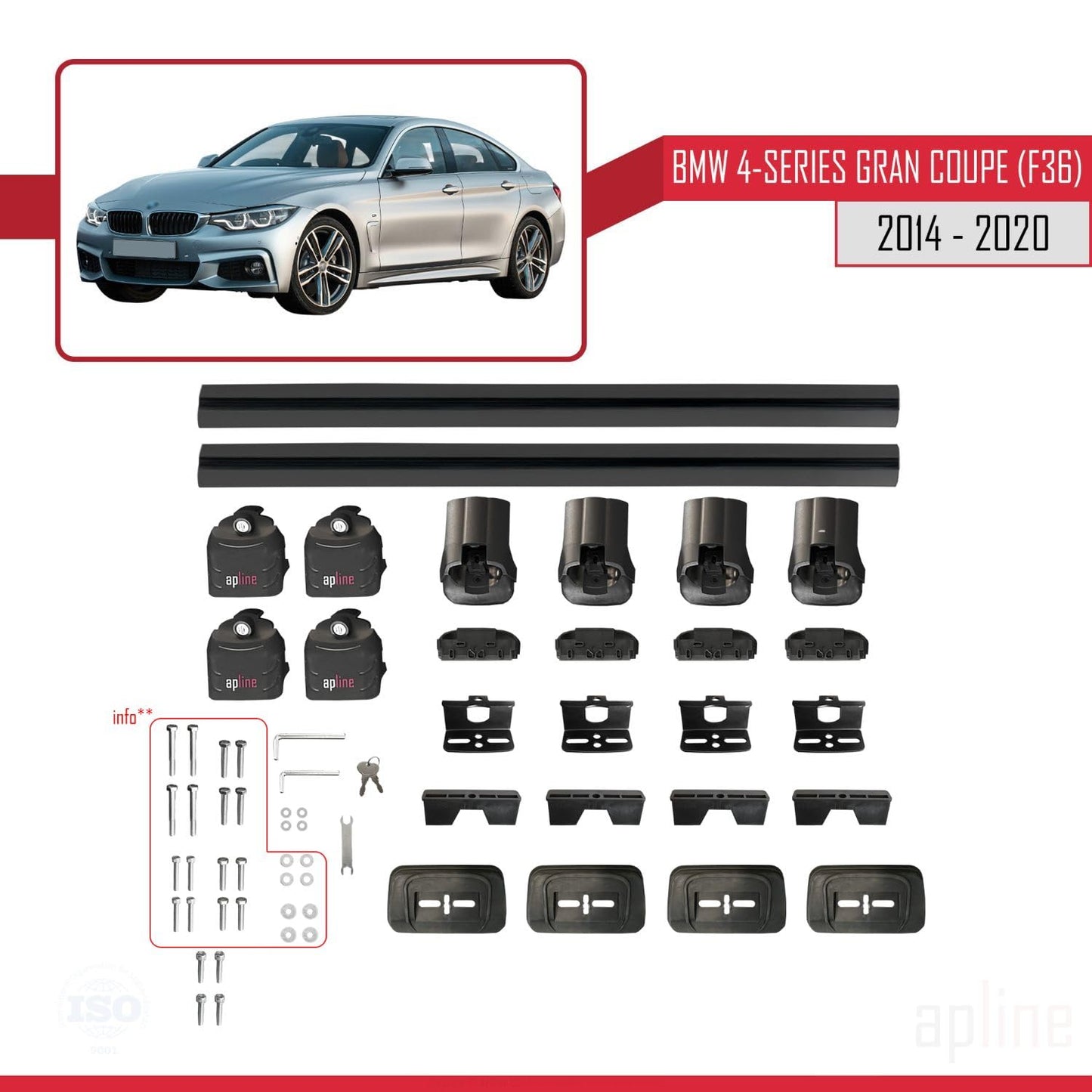 Compatible with BMW 4 Series Gran Coupe (F36) 2014-2020 ACE-3 Car Roof Rack Cross Bar Black Aluminium 2 Bars
