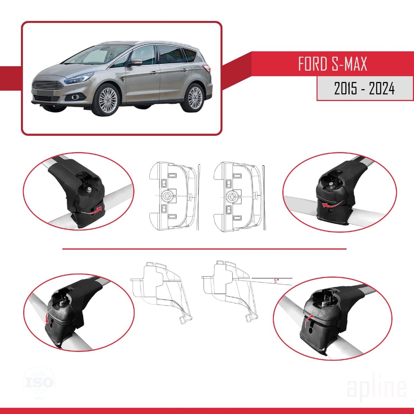 Compatible with Ford S-Max 2 (CD539) 2015-2023 ACE-2 Car Roof Rack Cross Bar Grey Aluminium 2 Bars