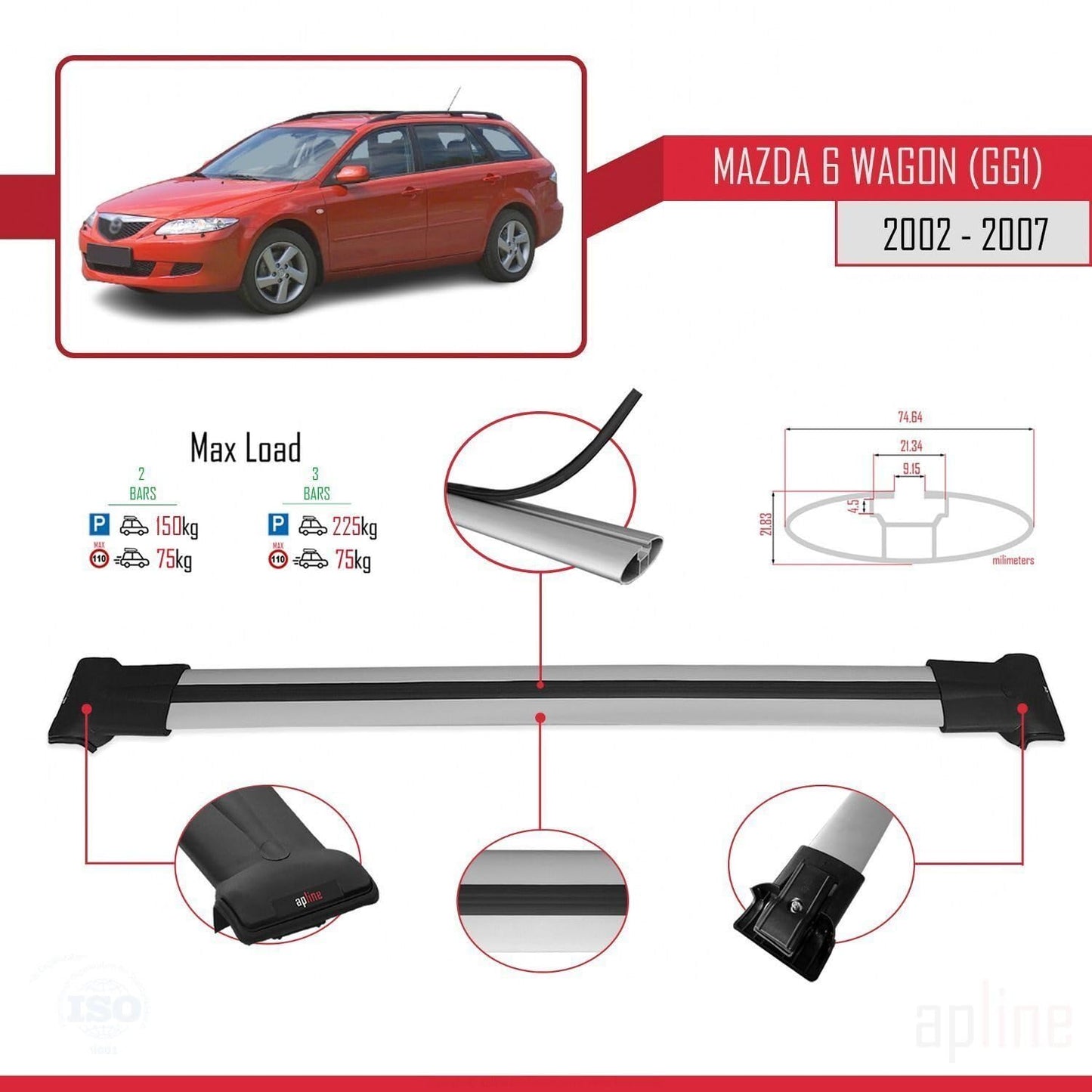 Compatible with Mazda 6 I (GG1) 2002-2007 Fly Model Car Roof Rack Cross Bar Grey Aluminium 2 Bars