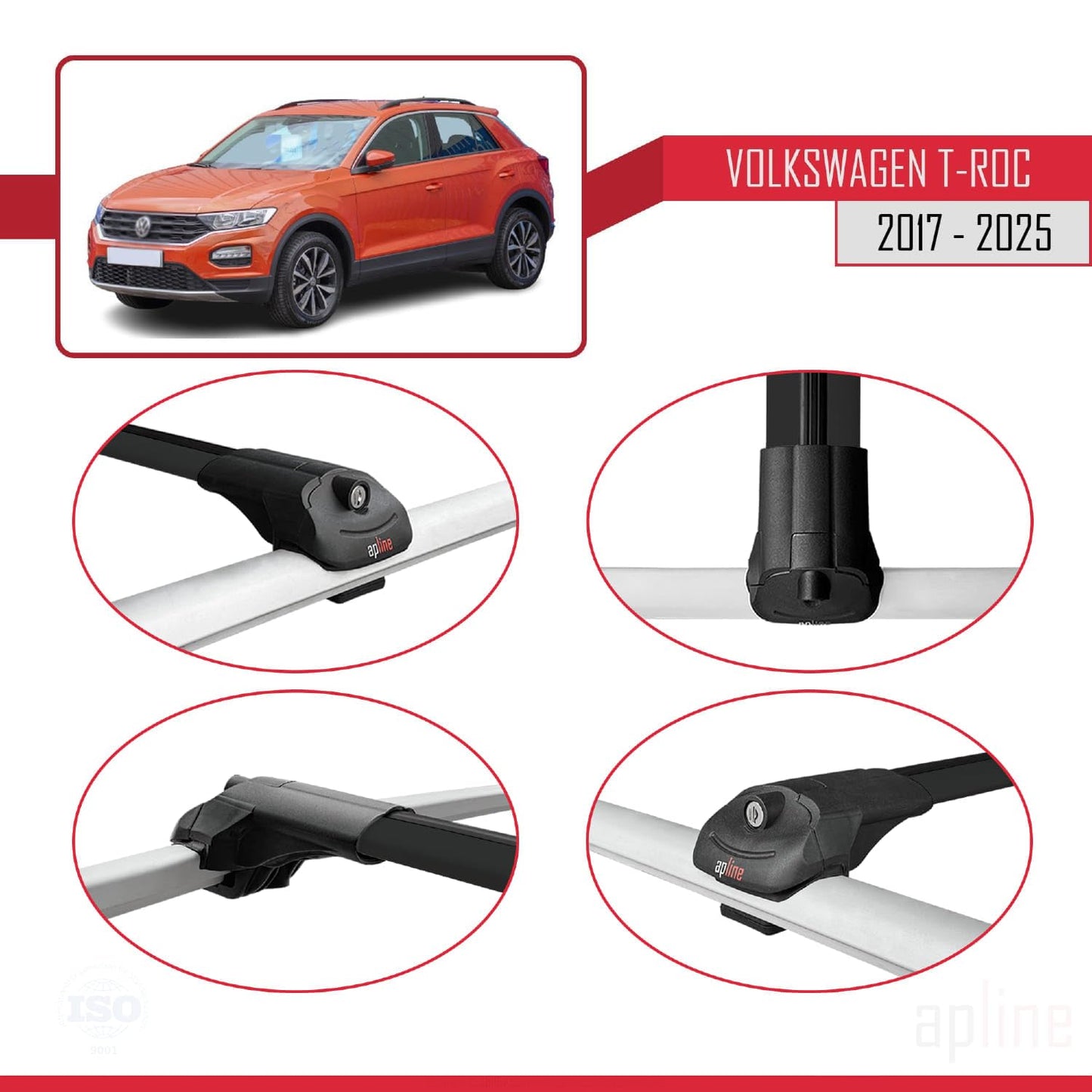 Compatible with Volkswagen T-ROC 2017-2025 ACE-1 Car Roof Rack Cross Bar Black Aluminium 3 Bars