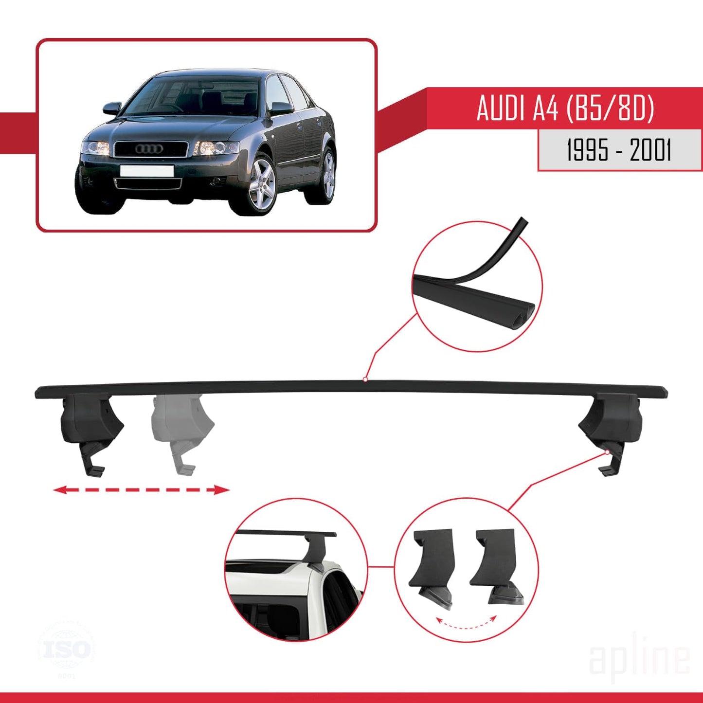 Compatible with Audi A4 (B5) 1995-2001 ACE-4 Car Roof Rack Cross Bar Black Aluminium 2 Bars
