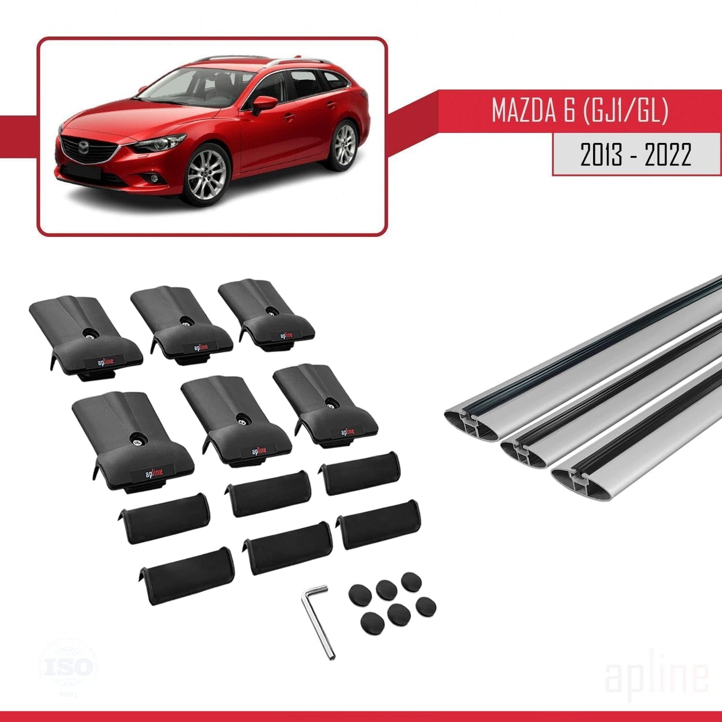 Compatible with Mazda 6 III (GJ1/GL) 2013-2022 Fly Model Car Roof Rack Cross Bar Grey Aluminium 3 Bars