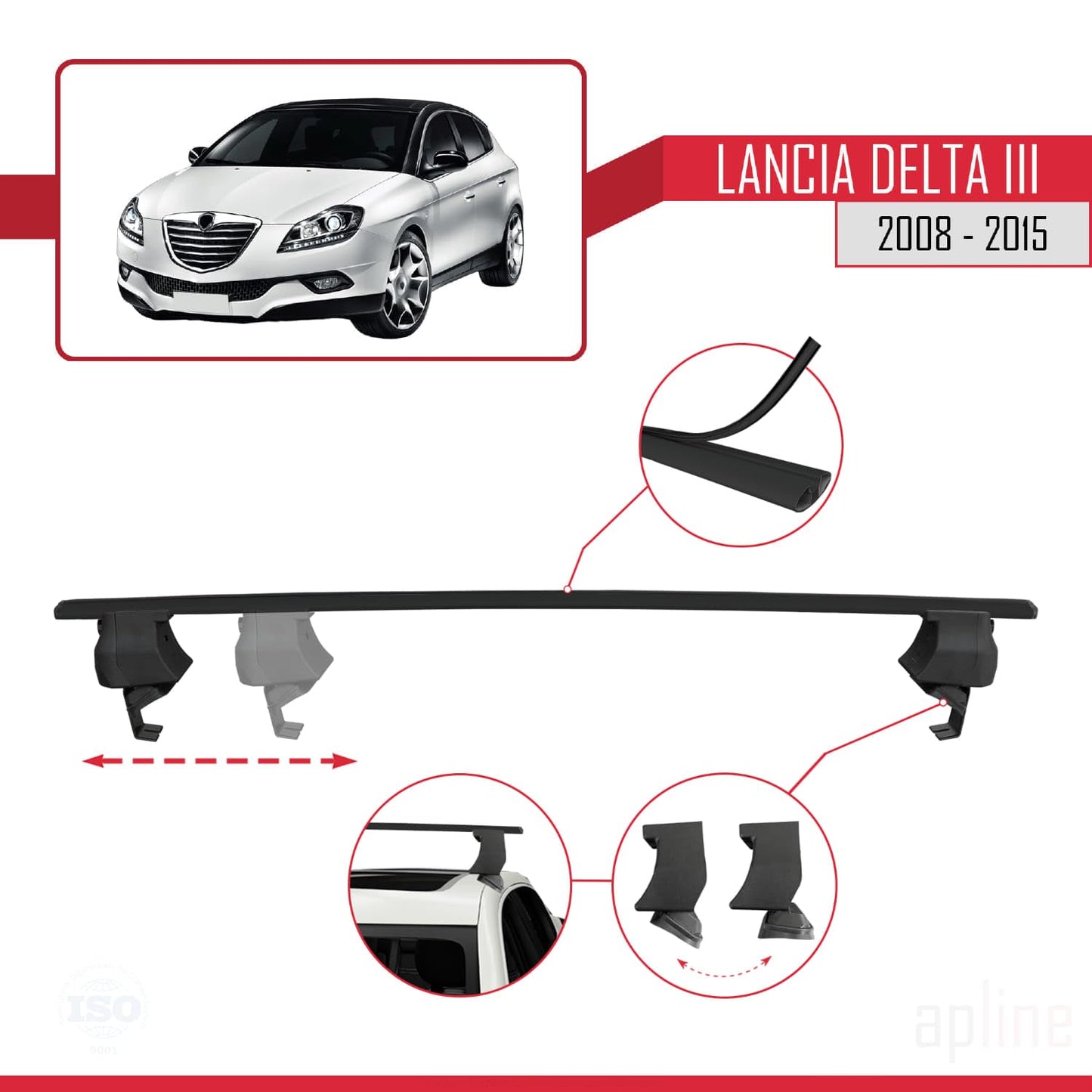 Compatible with Lancia Delta 3 2008-2015 ACE-4 Car Roof Rack Cross Bar Black Aluminium 2 Bars