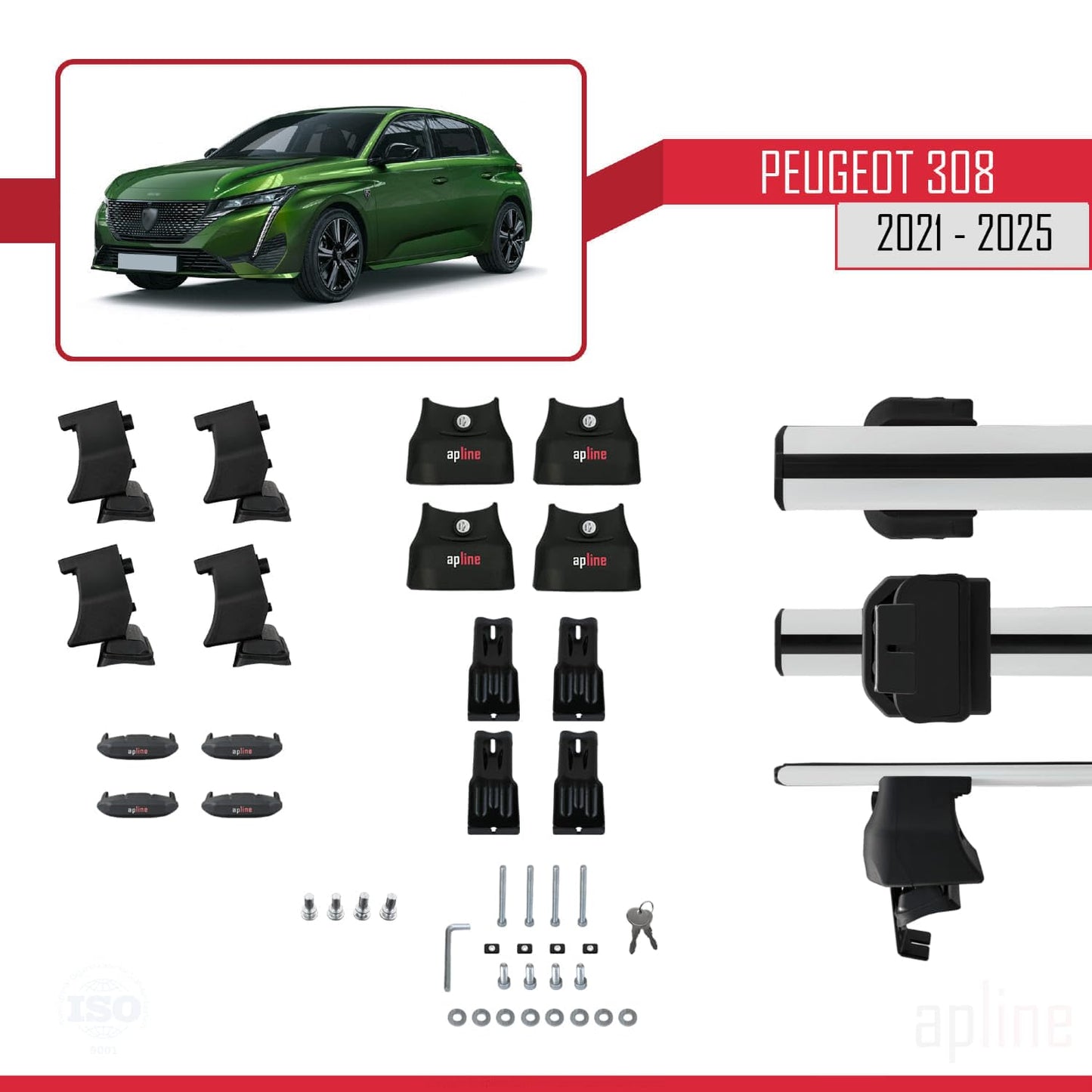 Compatible with Peugeot 308 III (P5) 2021-2025 ACE-4 Car Roof Rack Cross Bar Grey Aluminium 2 Bars
