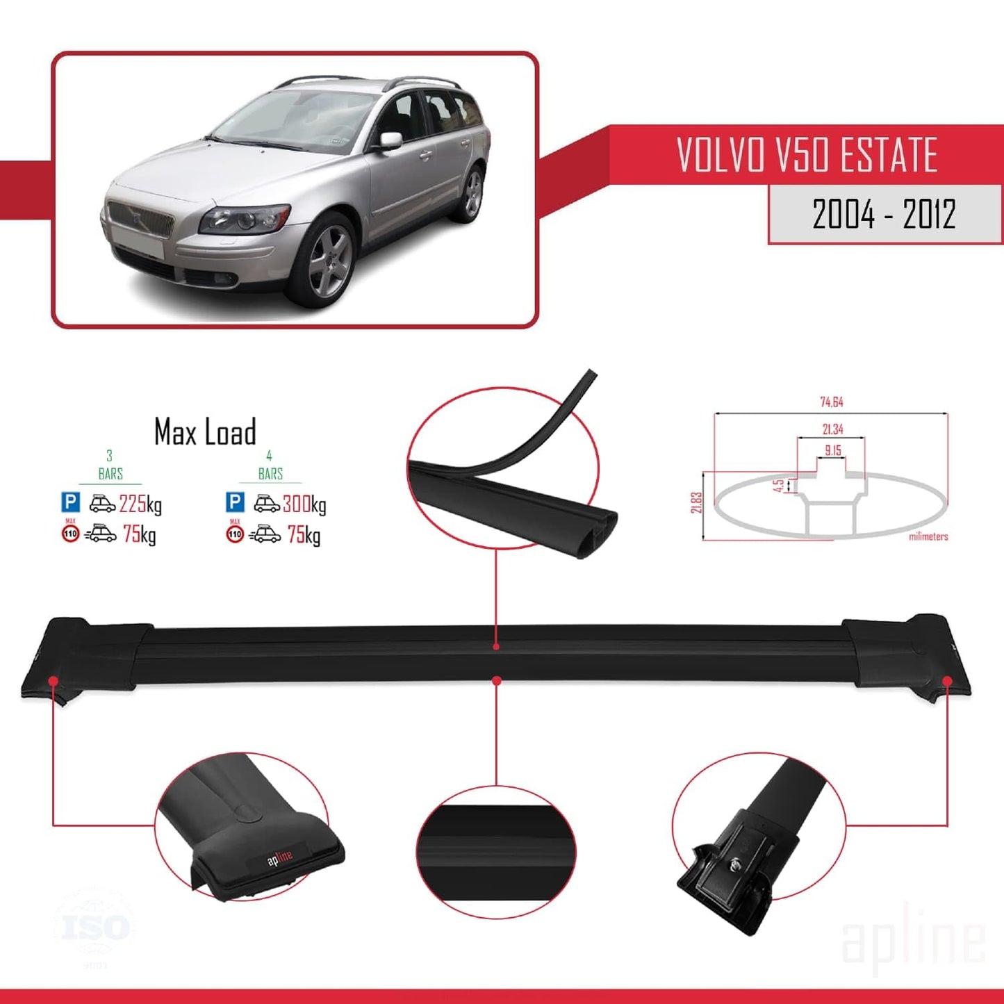 Compatible with Volvo V50 2004-2012 Fly Model Car Roof Rack Cross Bar Black Aluminium 3 Bars