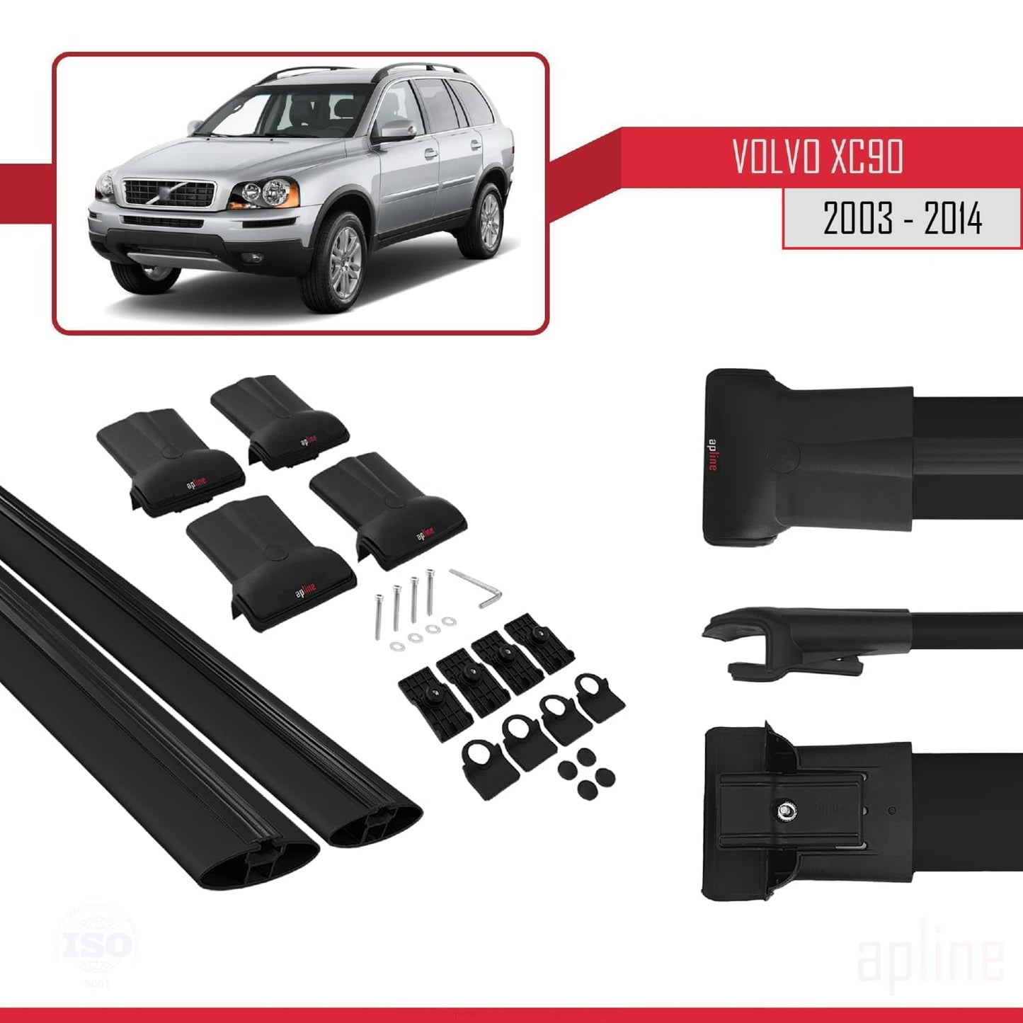 Compatible with Volvo XC90 2003-2014 Fly Model Car Roof Rack Cross Bar Black Aluminium 2 Bars