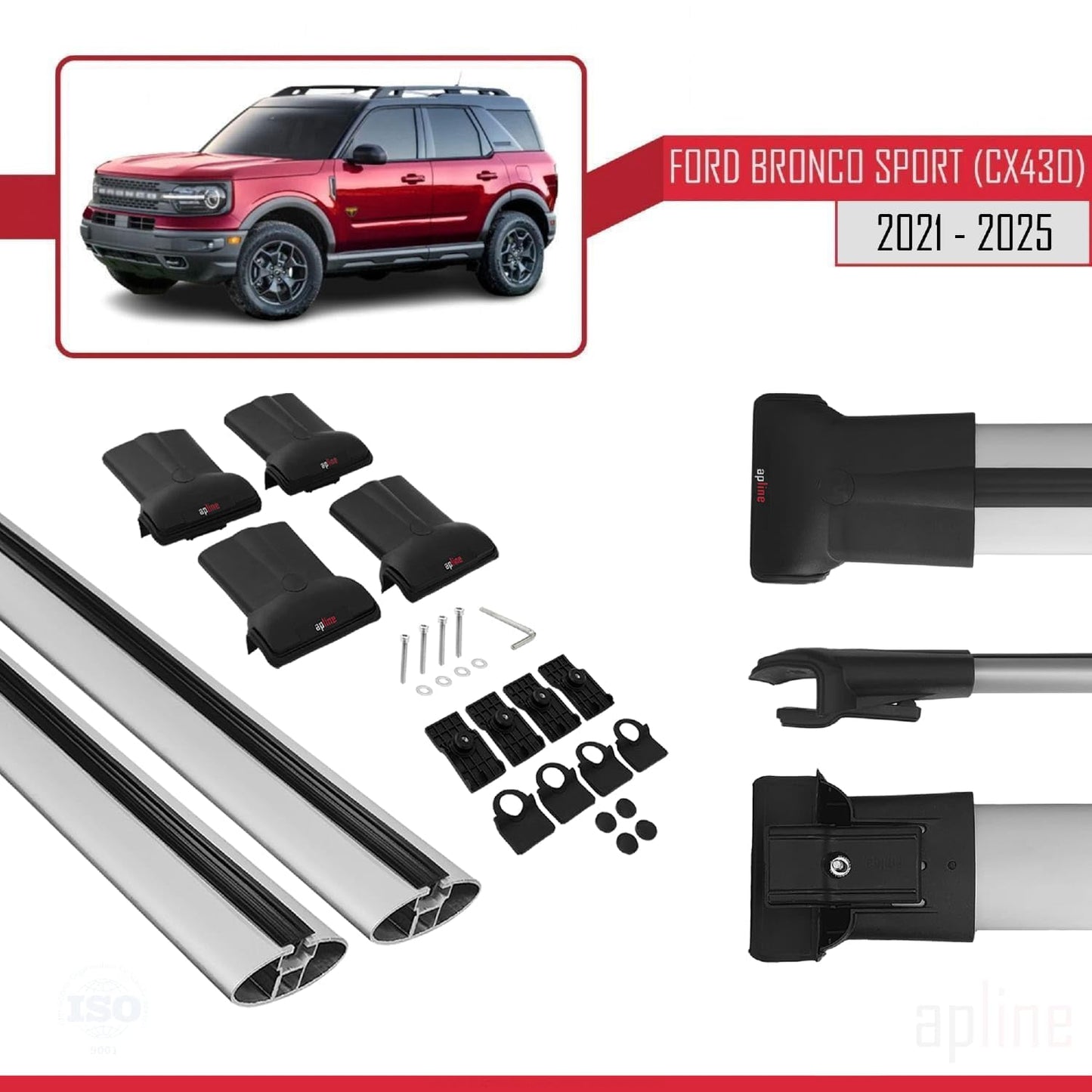 Compatible with Ford Bronco Sport (CX430) 2021-2025 Fly Model Car Roof Rack Cross Bar Grey Aluminium 2 Bars