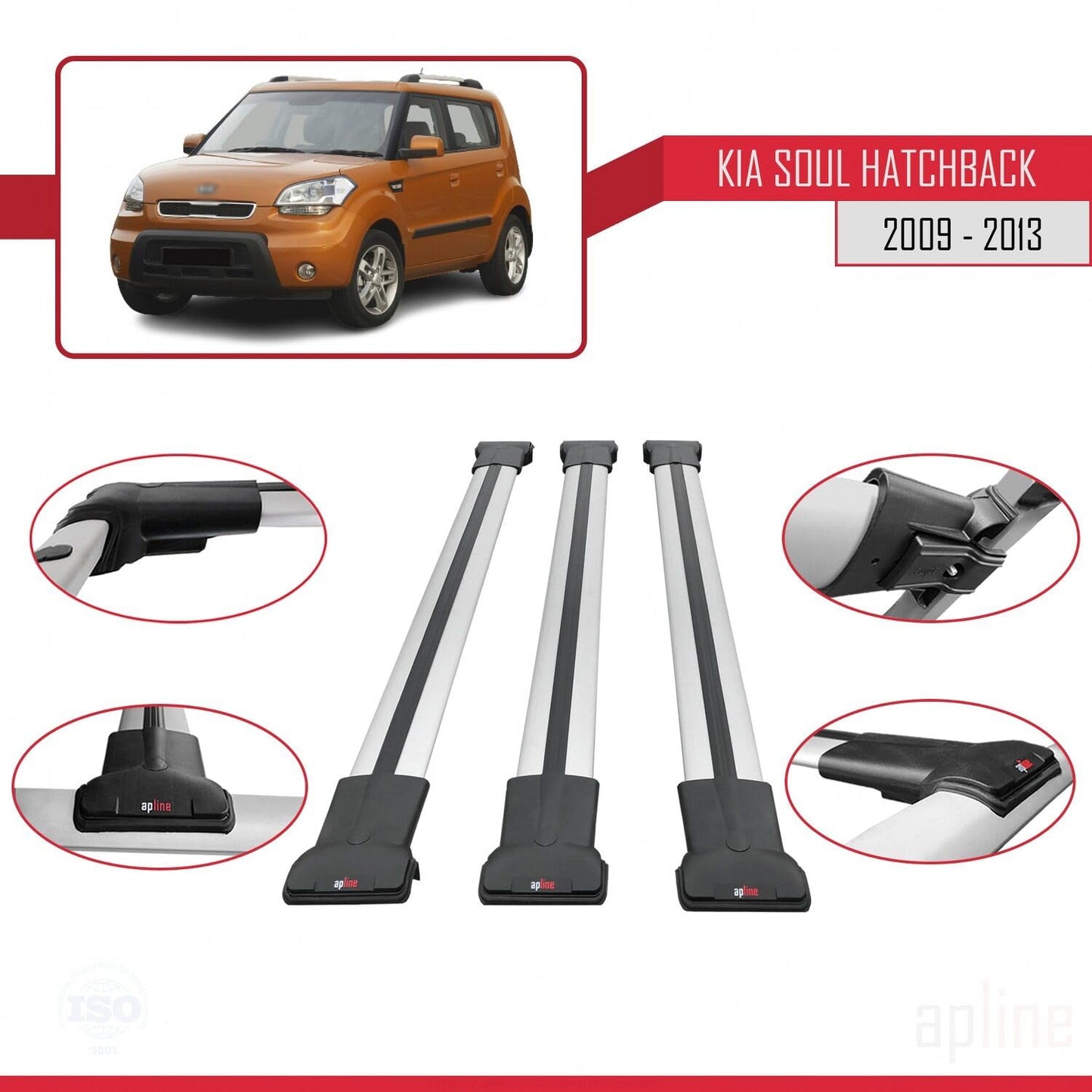 Compatible with Kia Soul (AM) HB 2009-2013 Fly Model Car Roof Rack Cross Bar Grey Aluminium 3 Bars