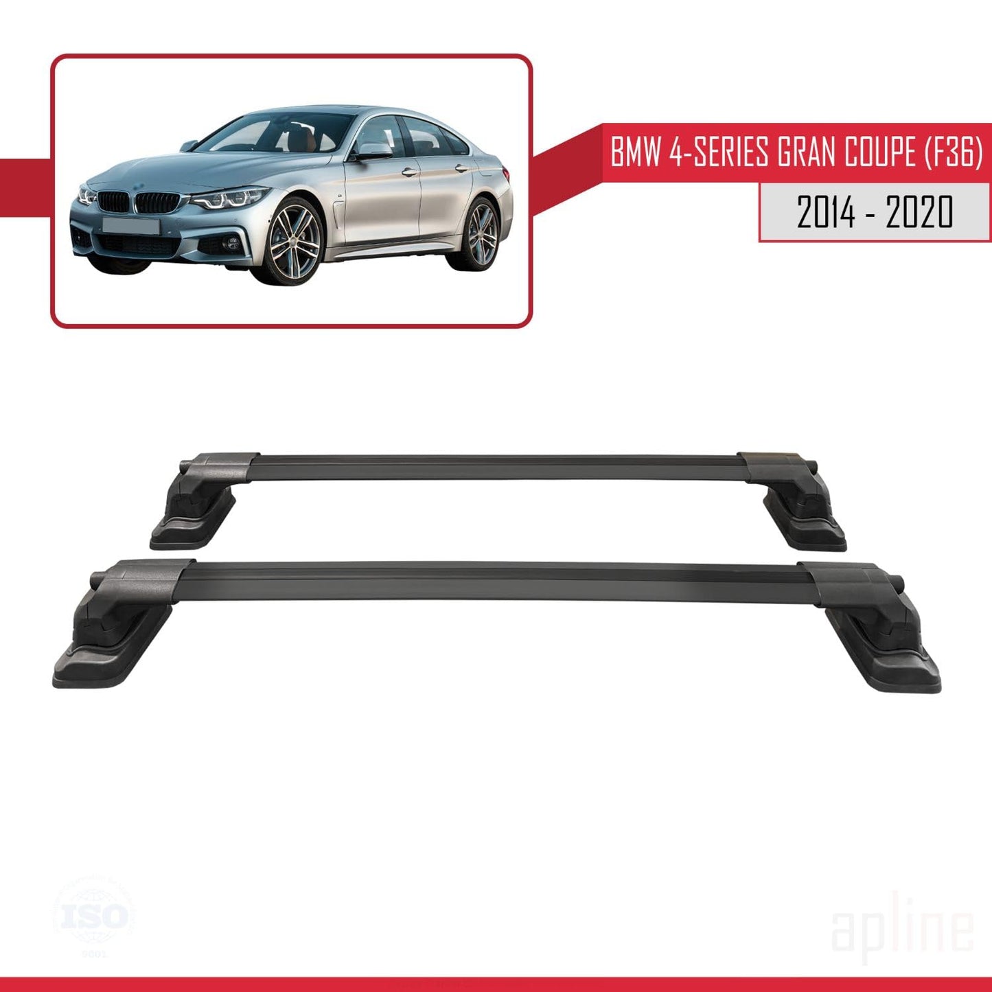 Compatible with BMW 4 Series Gran Coupe (F36) 2014-2020 ACE-3 Car Roof Rack Cross Bar Black Aluminium 2 Bars