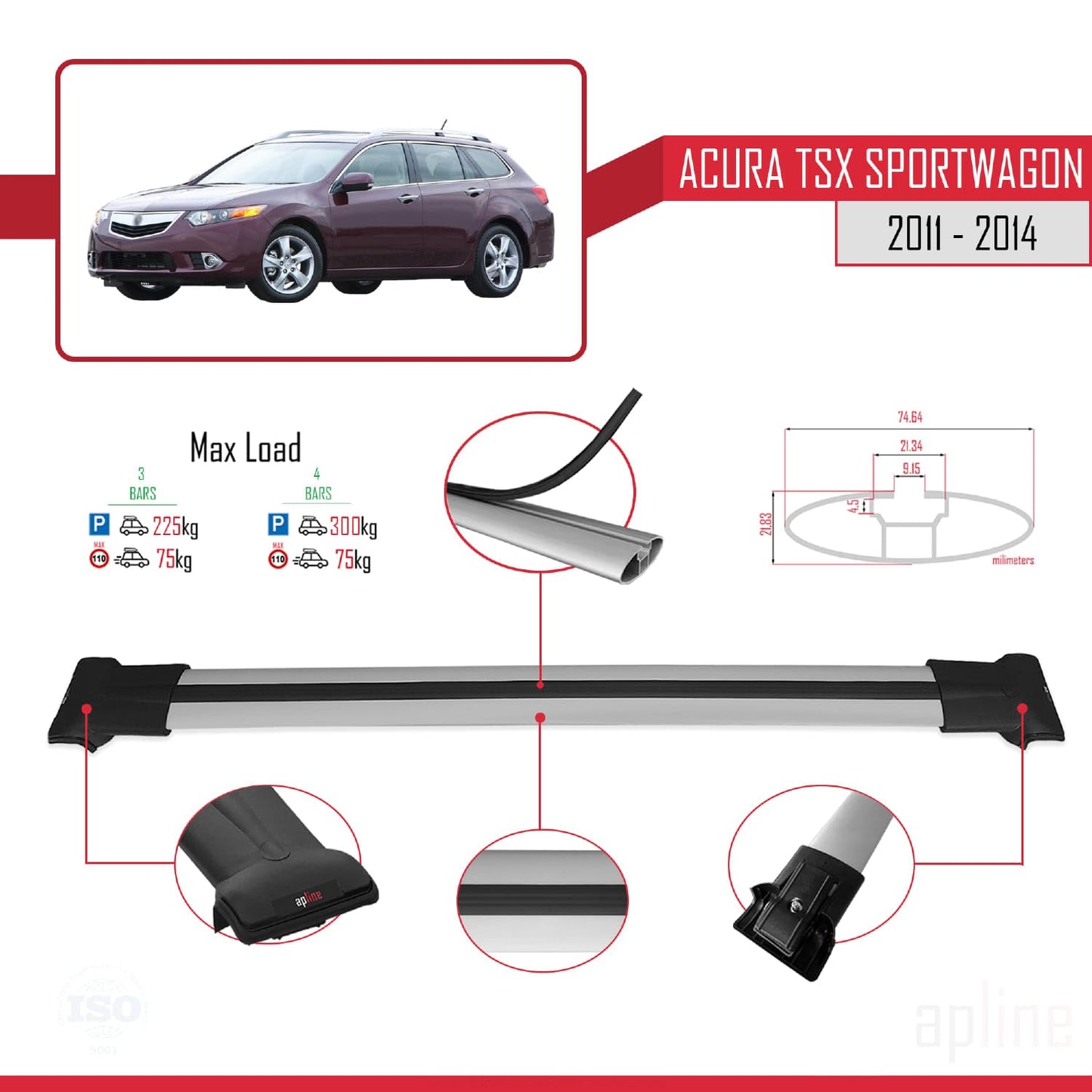 Compatible with Acura TSX Sport Wagon 2011-2014 Fly Model Car Roof Rack Cross Bar Grey Aluminium 3 Bars