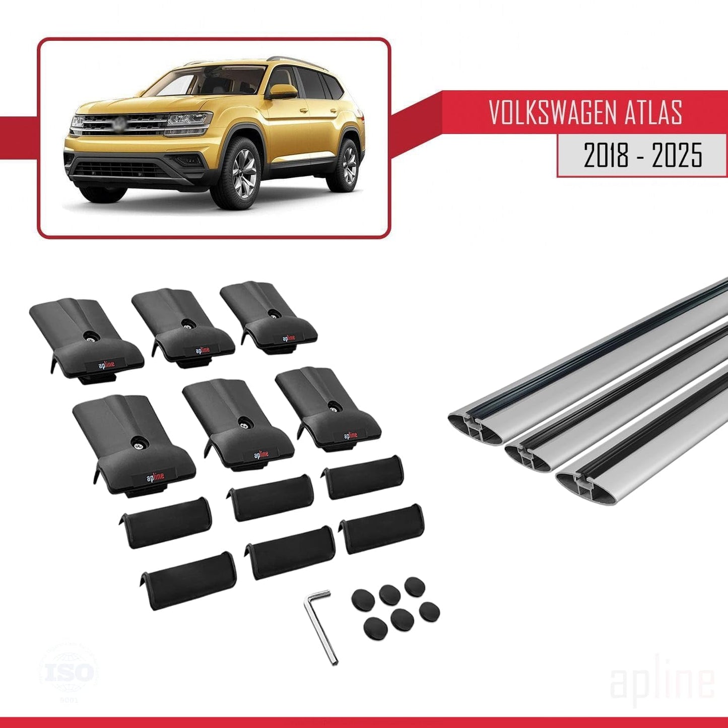 Compatible with Volkswagen Atlas (CA1) 2018-2025 Fly Model Car Roof Rack Cross Bar Grey Aluminium 3 Bars