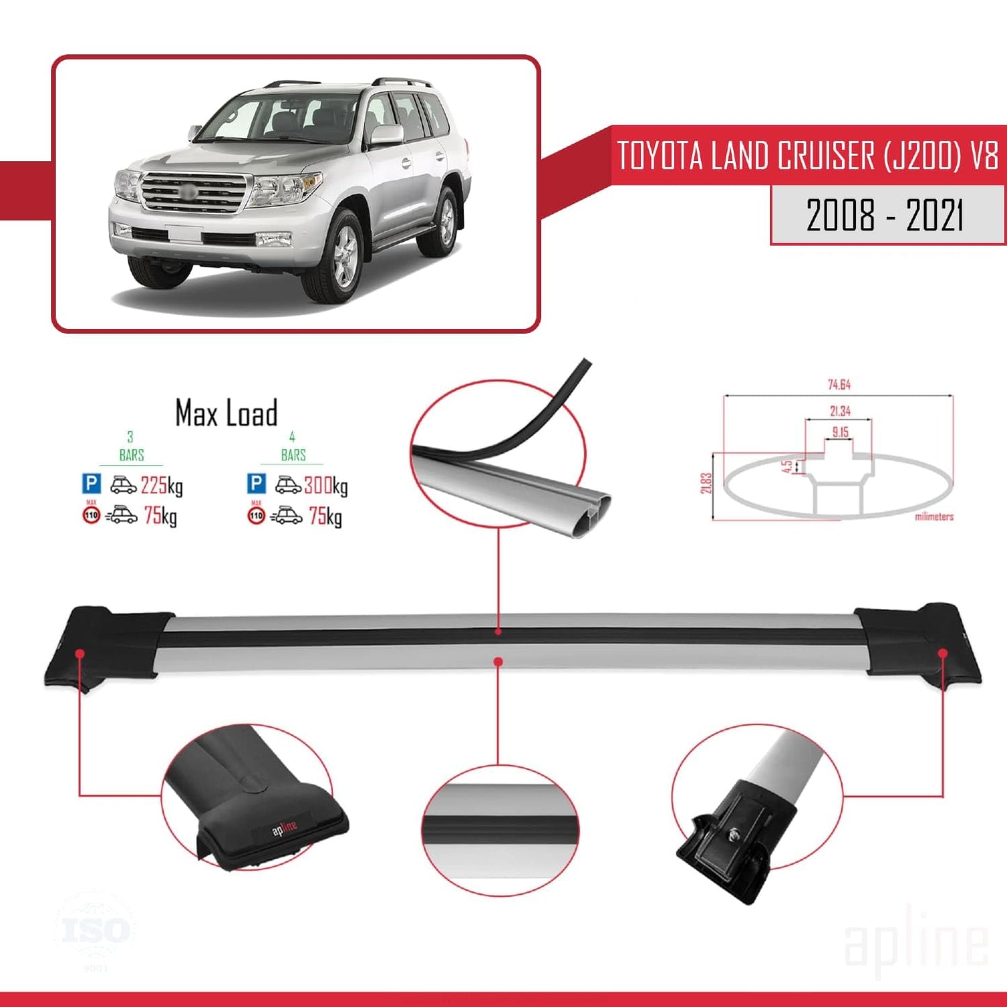 Compatible with Toyota Land Cruiser V8 (J200) 2008-2021 Fly Model Car Roof Rack Cross Bar Grey Aluminium 3 Bars
