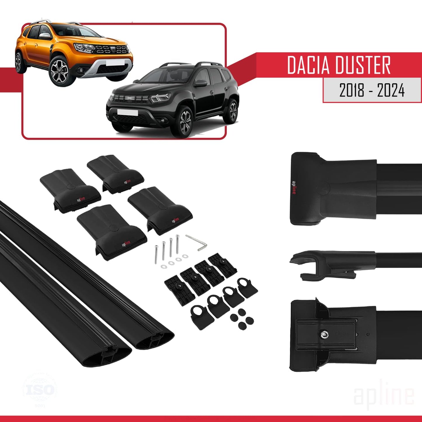 Compatible with Dacia Duster 2 (HM) 2018-2024 Fly Model Car Roof Rack Cross Bar Black Aluminium 2 Bars