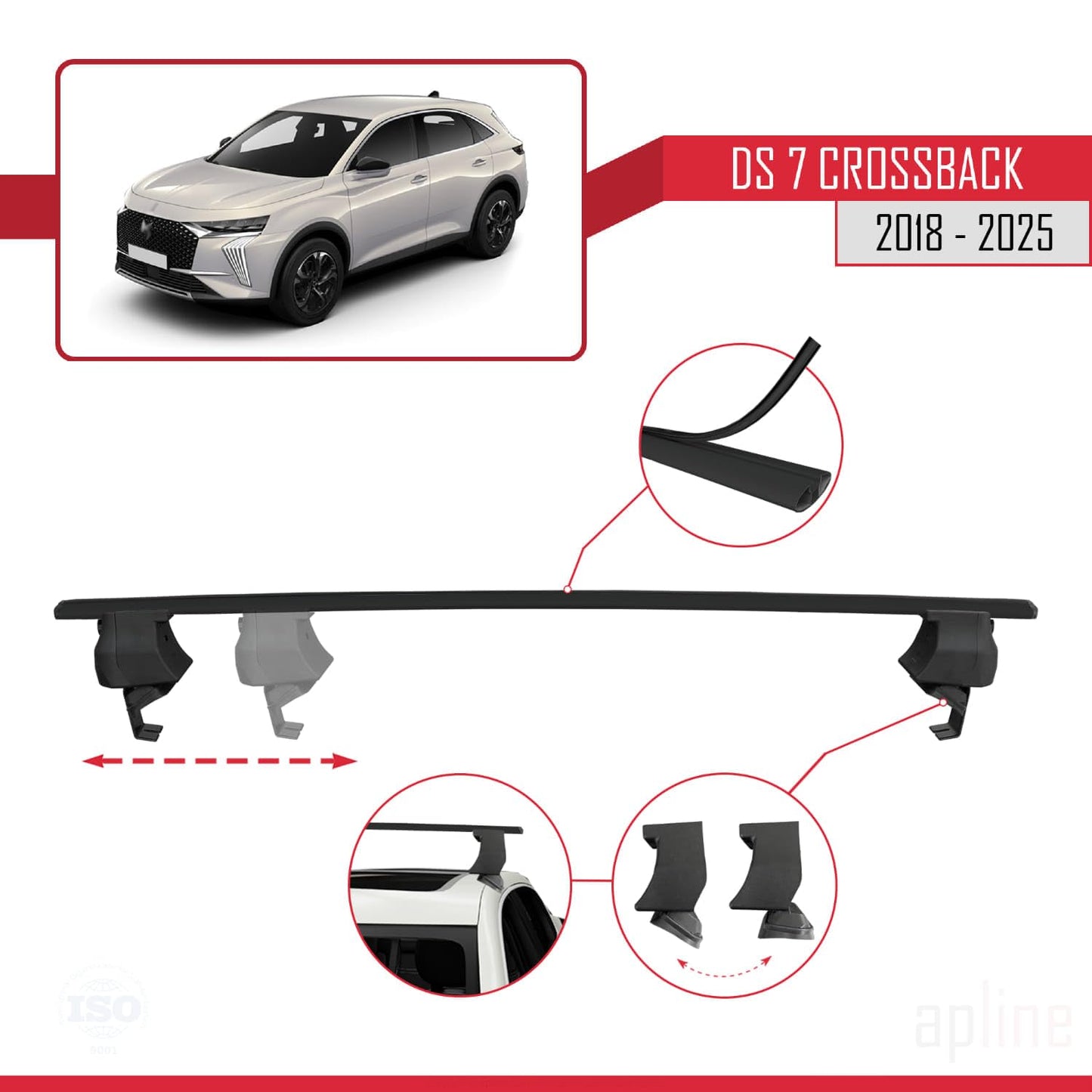Compatible with DS 7 Crossback 2018-2025 ACE-4 Car Roof Rack Cross Bar Black Aluminium 2 Bars