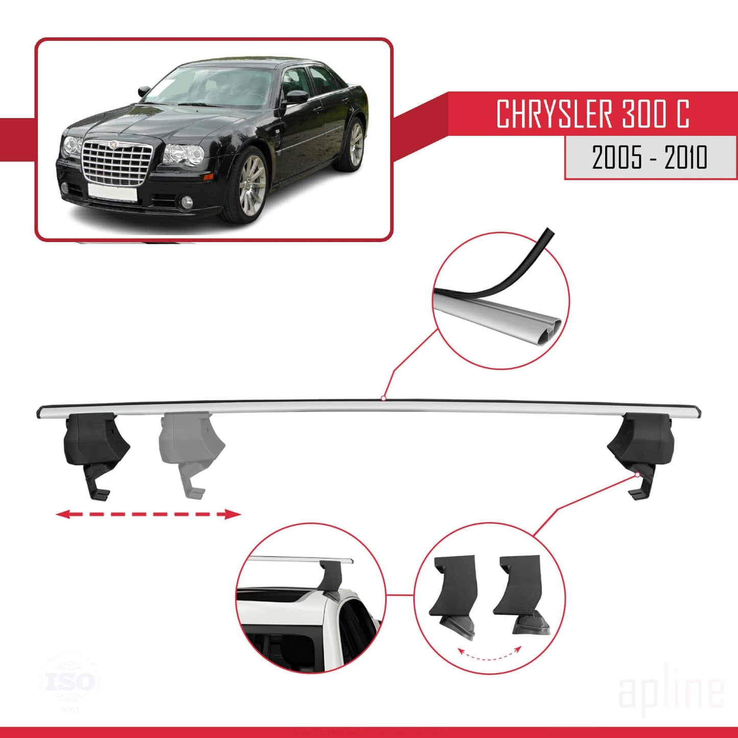 Compatible with Chrysler 300 C 2005-2010 ACE-4 Car Roof Rack Cross Bar Grey Aluminium 2 Bars