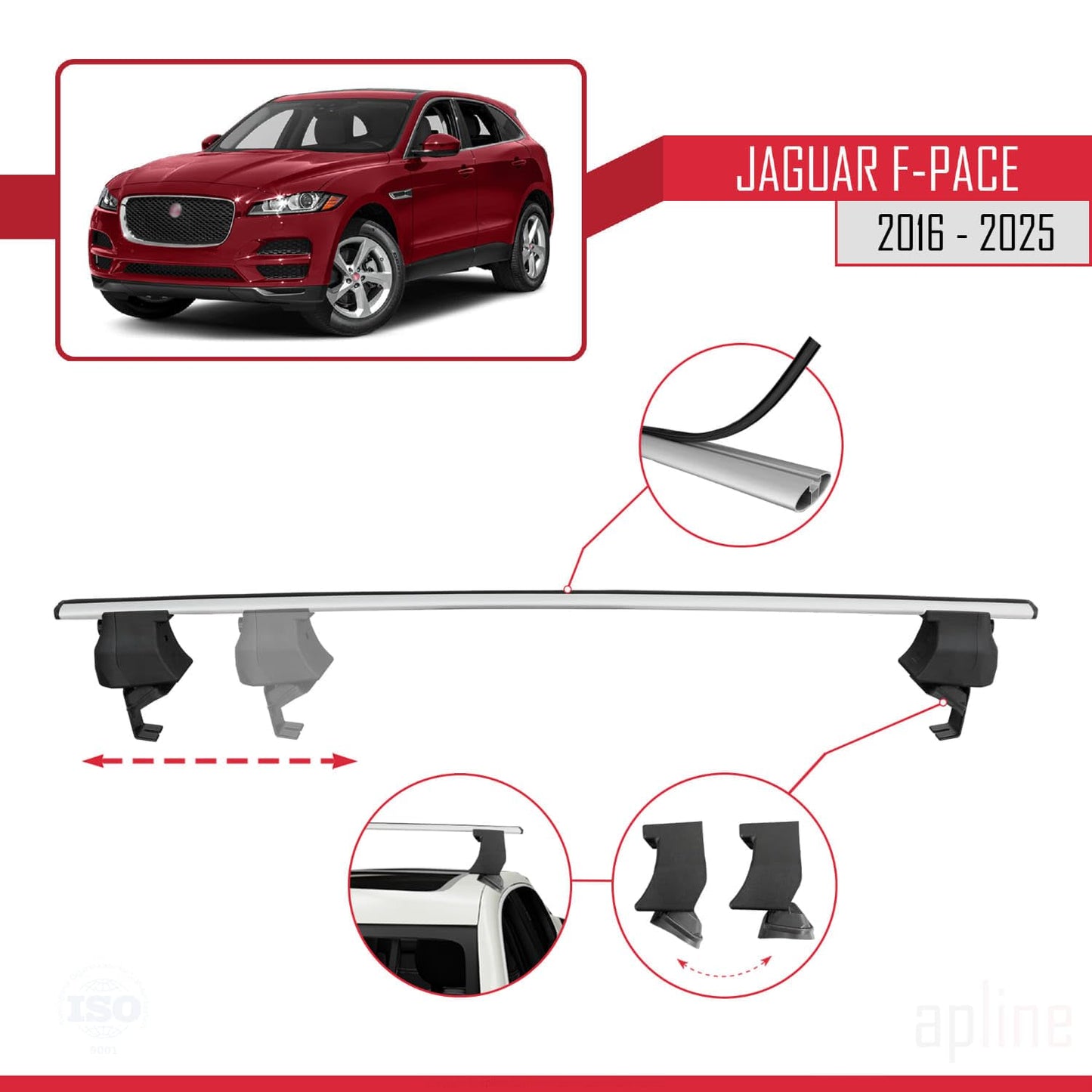 Compatible with Jaguar F-Pace (X761) 2016-2025 ACE-4 Car Roof Rack Cross Bar Grey Aluminium 2 Bars