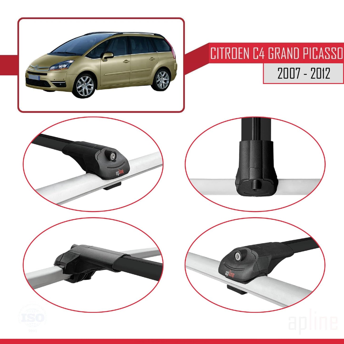 Compatible with Citroen Grand C4 Picasso 2007-2012 ACE-1 Car Roof Rack Cross Bar Black Aluminium 3 Bars