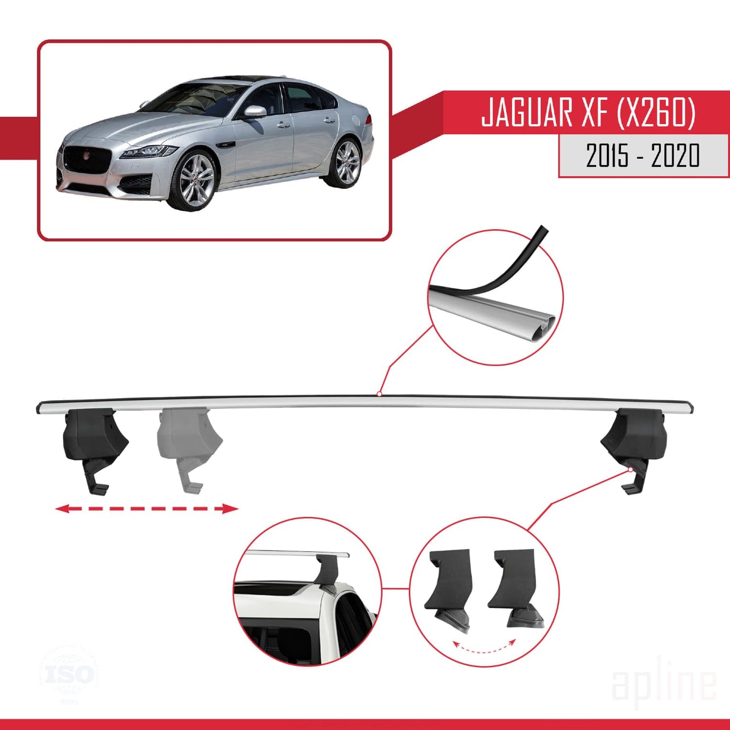 Compatible with Jaguar XF (X260) Pre-Facelift 2015-2020 ACE-4 Car Roof Rack Cross Bar Grey Aluminium 2 Bars