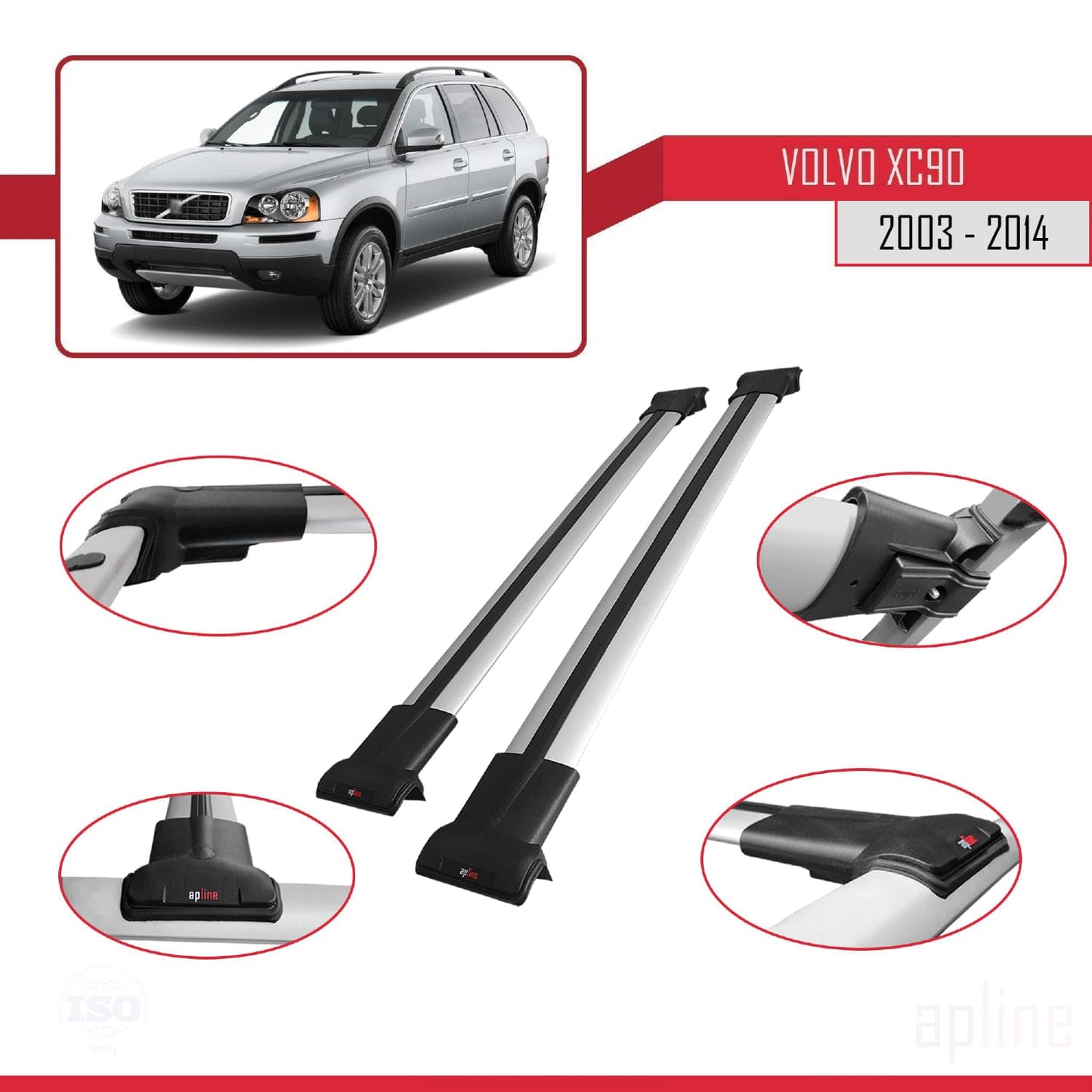 Compatible with Volvo XC90 2003-2014 Fly Model Car Roof Rack Cross Bar Grey Aluminium 2 Bars