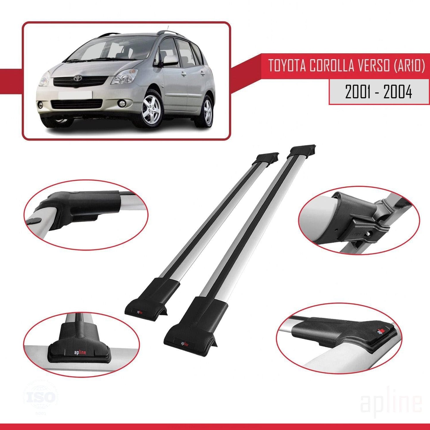 Compatible with Toyota Corolla Verso (E120) 2001-2004 Fly Model Car Roof Rack Cross Bar Grey Aluminium 2 Bars