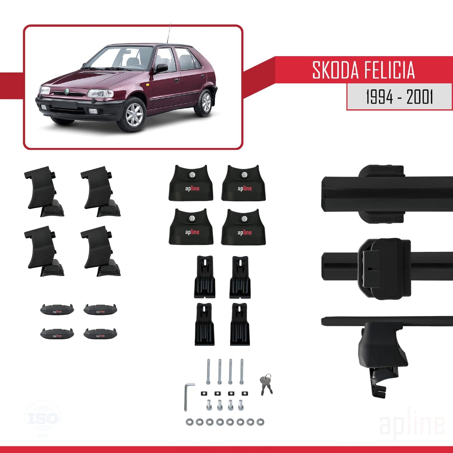 Compatible with Skoda Felicia 1994-2001 ACE-4 Car Roof Rack Cross Bar Black Aluminium 2 Bars