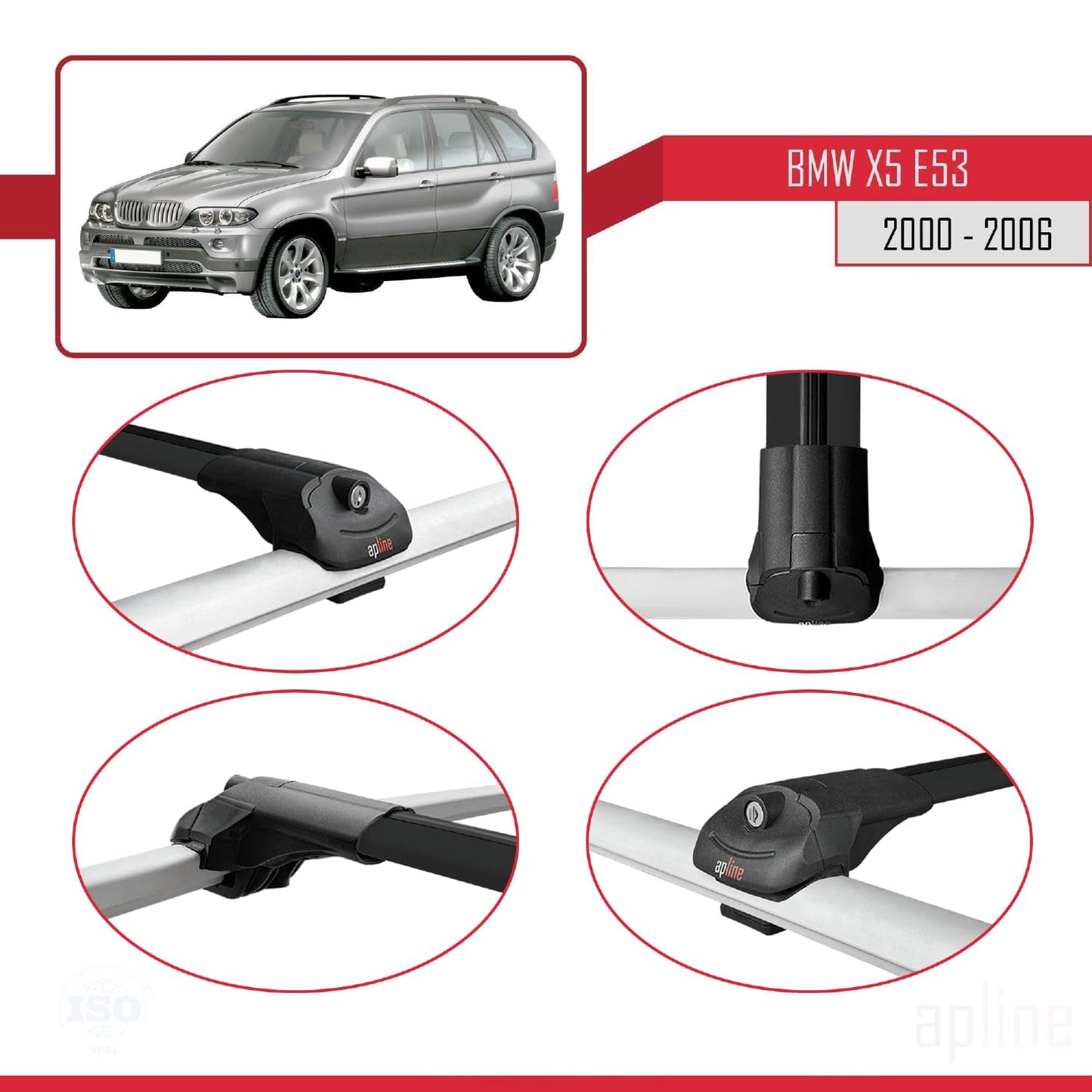 Compatible with BMW X5 (E53) 2000-2006 ACE-1 Car Roof Rack Cross Bar Black Aluminium 2 Bars