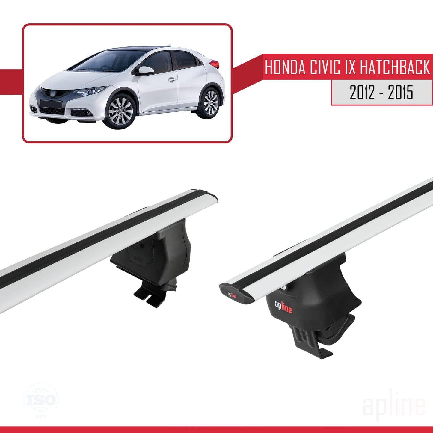 Compatible with Honda Civic 9 (FK) HB 2012-2015 ACE-4 Car Roof Rack Cross Bar Grey Aluminium 2 Bars