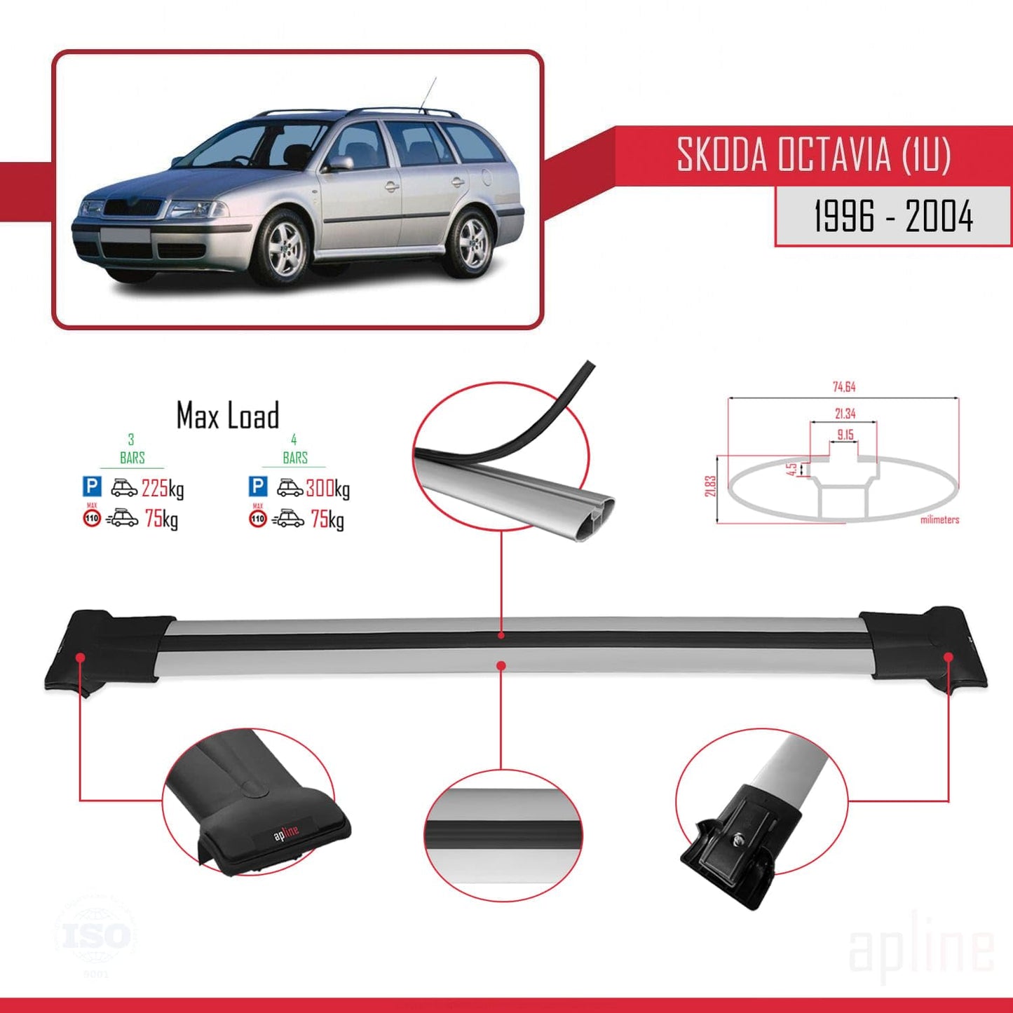Compatible with Skoda Octavia (1U) 1996-2004 Fly Model Car Roof Rack Cross Bar Grey Aluminium 3 Bars