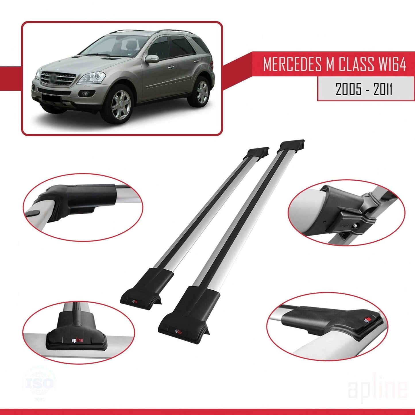 Compatible with Mercedes M Class 2 (W164) 2005-2011 Fly Model Car Roof Rack Cross Bar Grey Aluminium 2 Bars