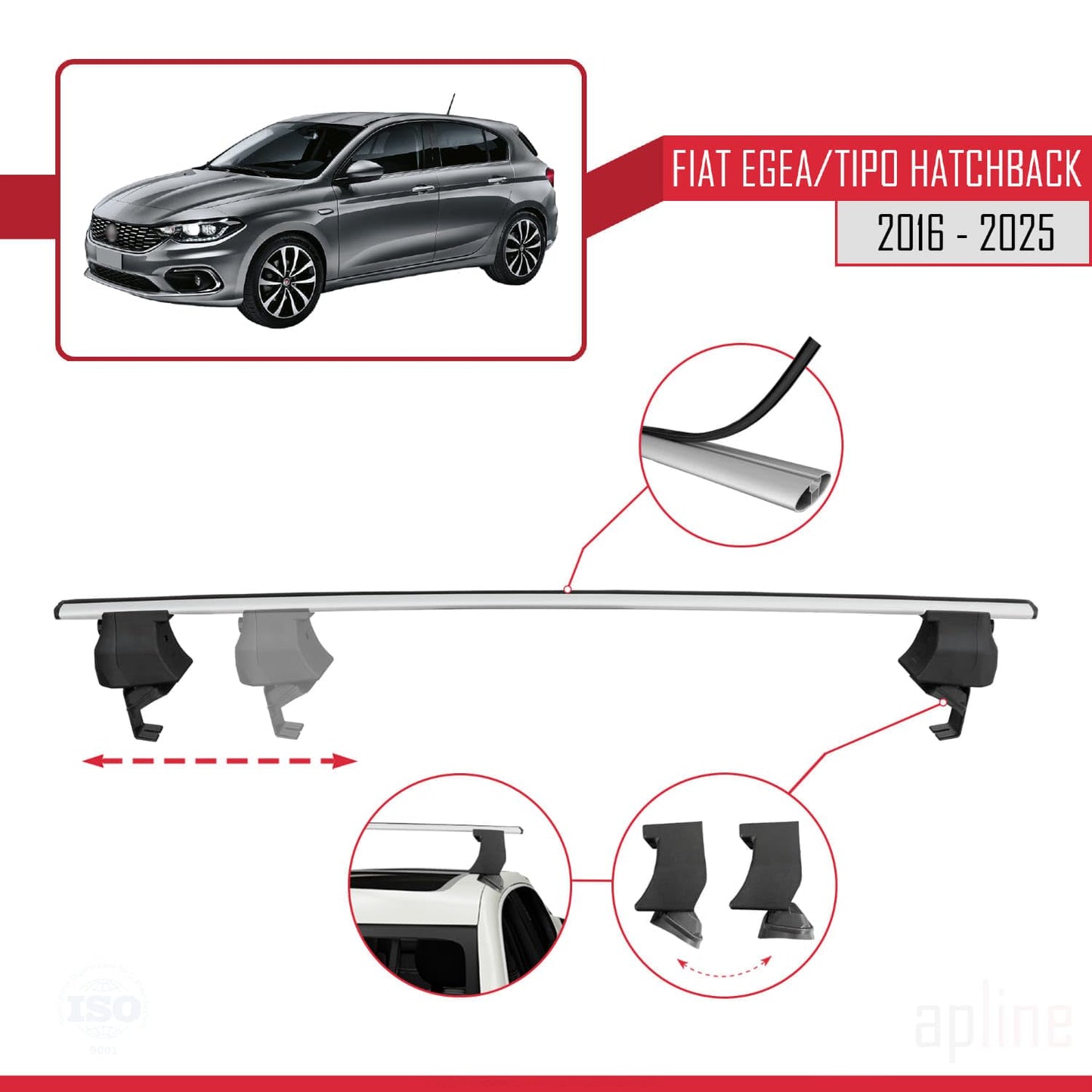 Compatible with Fiat Egea HB 2016-2025 ACE-4 Car Roof Rack Cross Bar Grey Aluminium 2 Bars