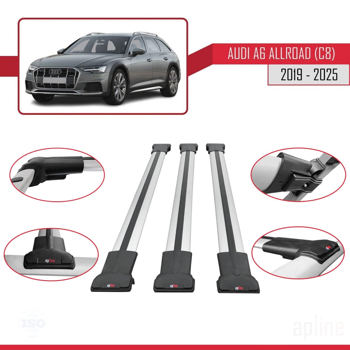 Compatible with Audi A6 (C8) Allroad 2019-2025 Fly Model Car Roof Rack Cross Bar Grey Aluminium 3 Bars