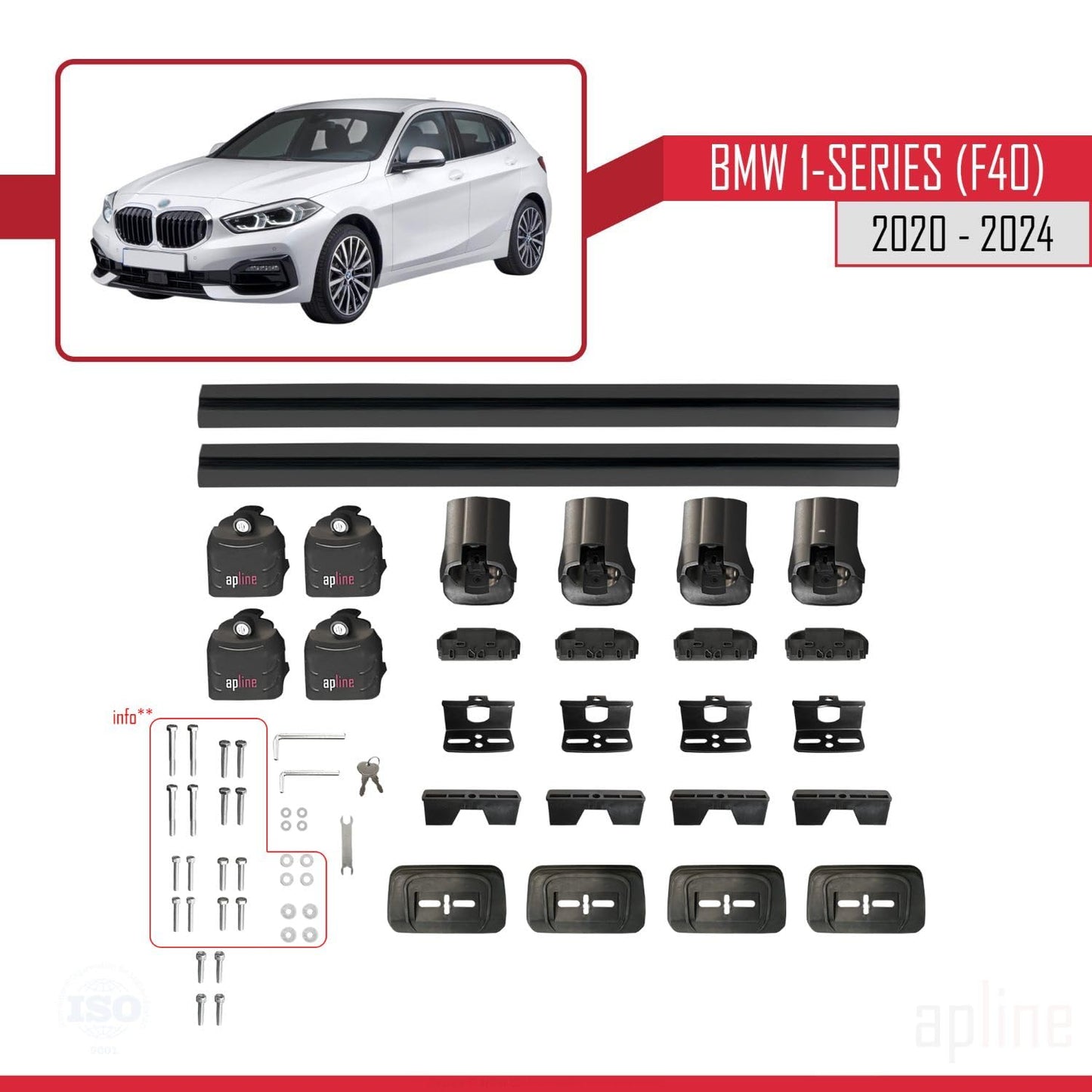 Compatible with BMW 1 Series (F40) 2020-2024 ACE-3 Car Roof Rack Cross Bar Black Aluminium 2 Bars