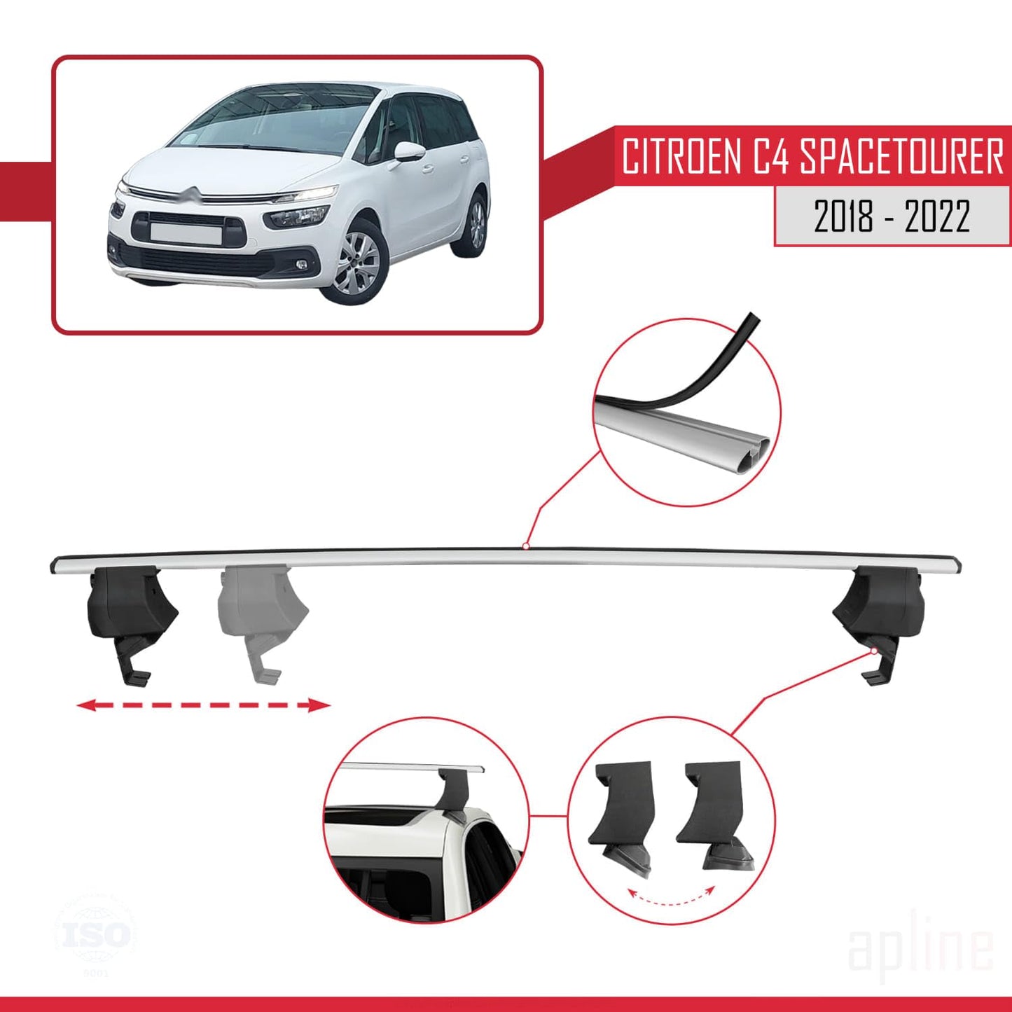 Compatible with Citroen C4 Spacetourer 2018-2022 ACE-4 Car Roof Rack Cross Bar Grey Aluminium 2 Bars