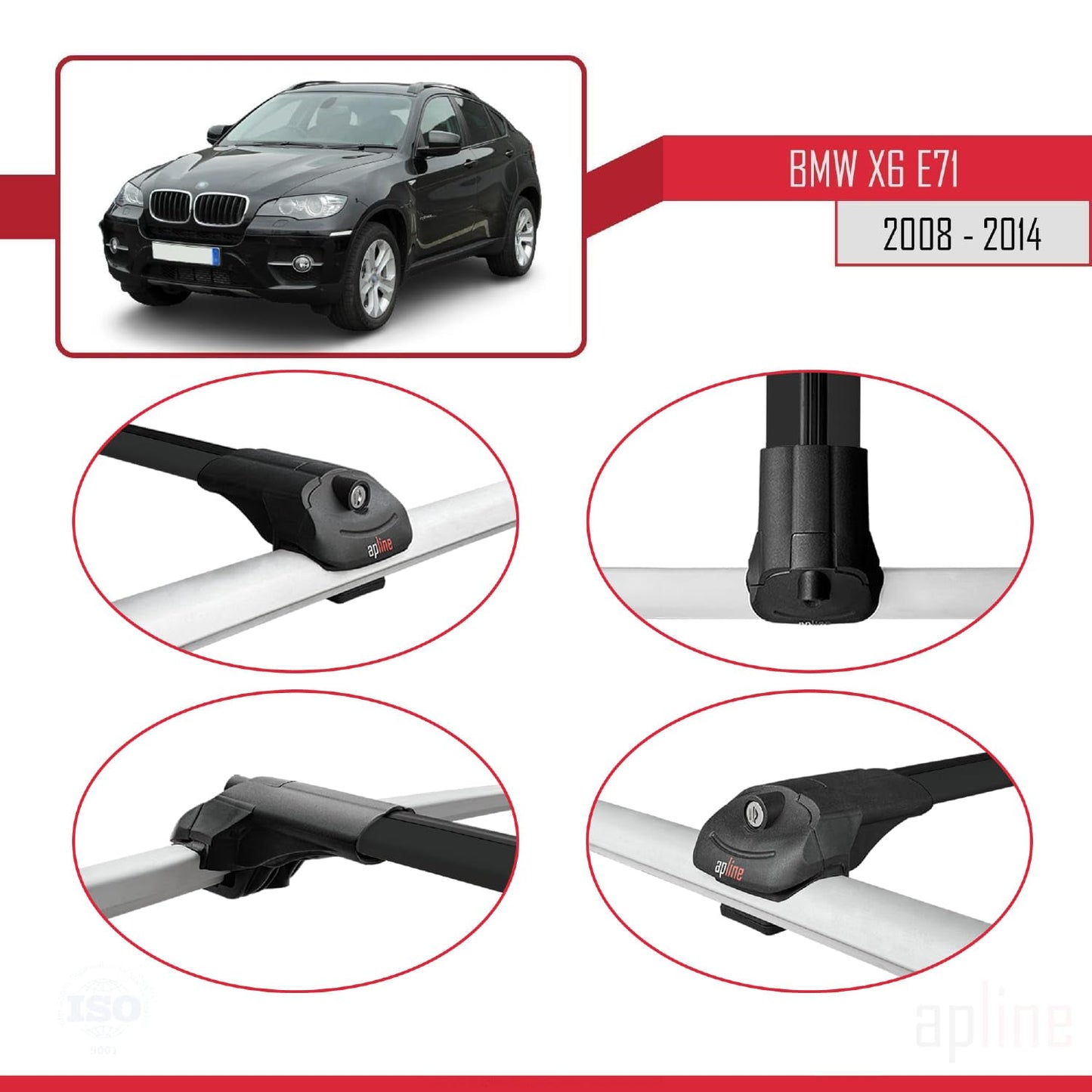 Compatible with BMW X6 (E71) 2008-2014 ACE-1 Car Roof Rack Cross Bar Black Aluminium 3 Bars
