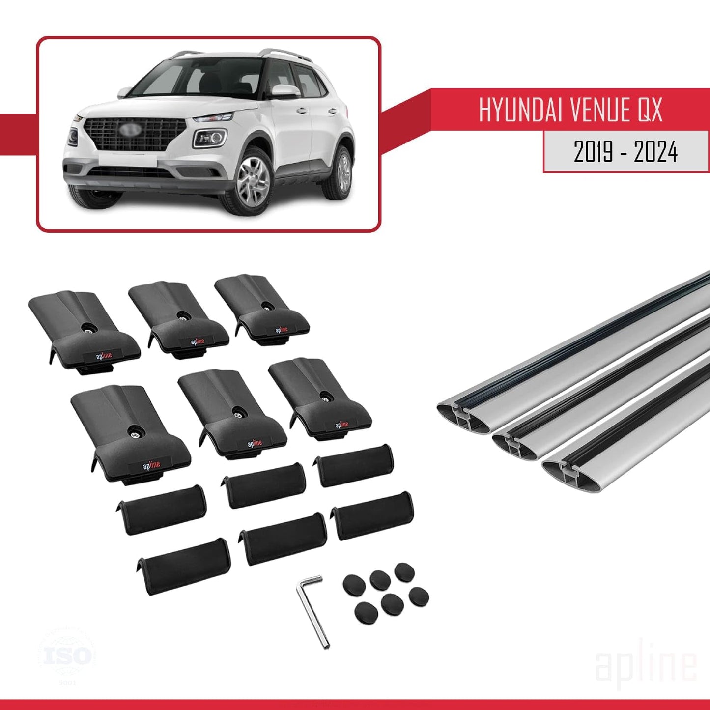 Compatible with Hyundai Venue (QX) 2019-2024 Fly Model Car Roof Rack Cross Bar Grey Aluminium 3 Bars