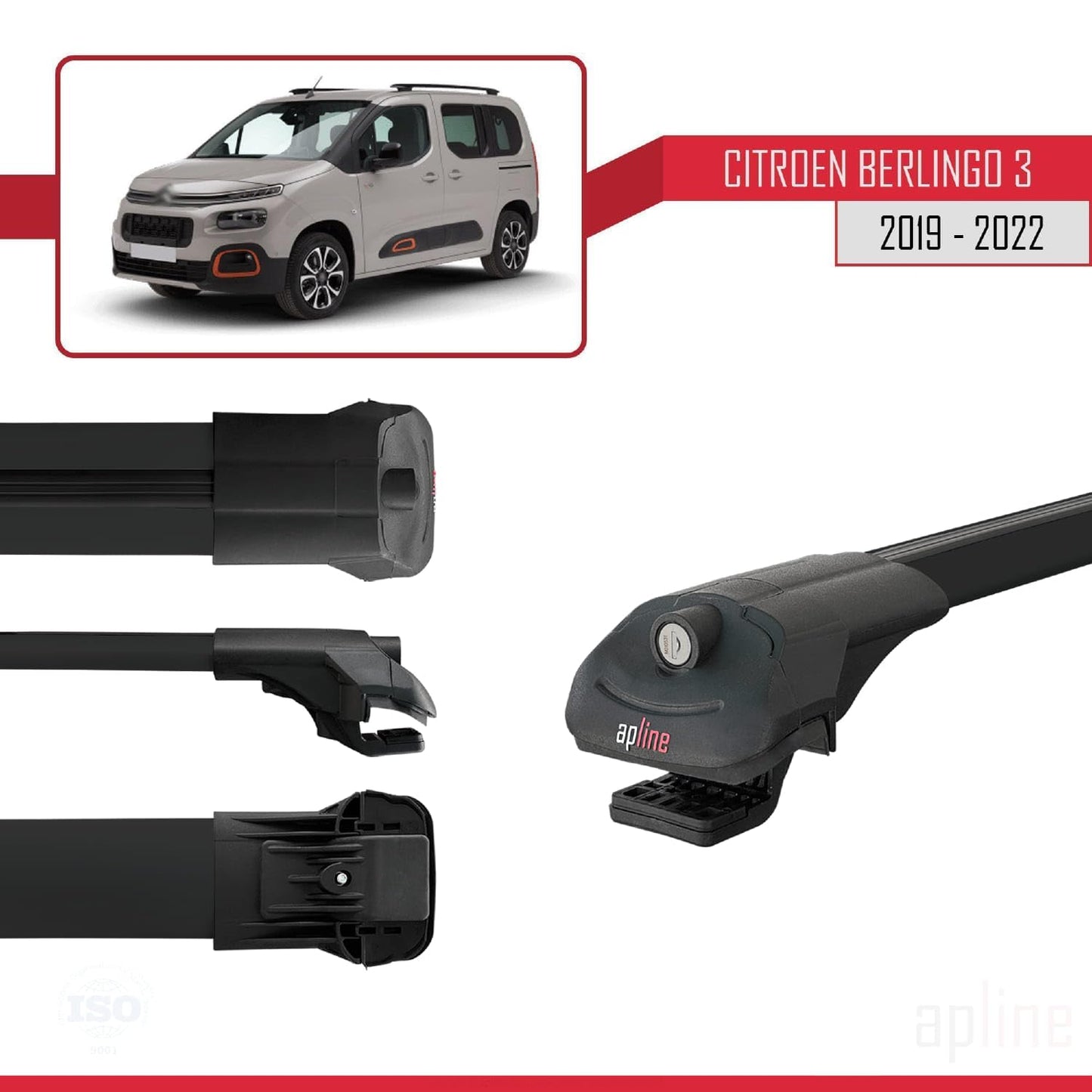 Compatible with Citroen Berlingo 3 (K9) 2019-2022 ACE-1 Car Roof Rack Cross Bar Black Aluminium 2 Bars