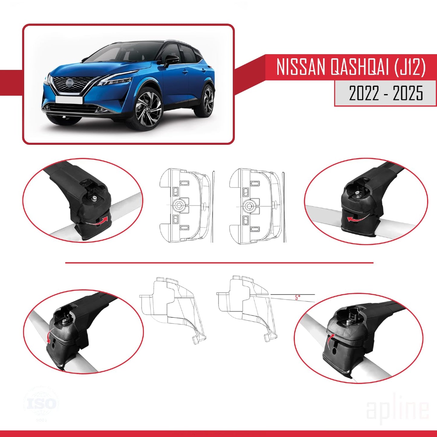Compatible with Nissan Qashqai 3 (J12) 2022-2025 ACE-2 Car Roof Rack Cross Bar Black Aluminium 2 Bars
