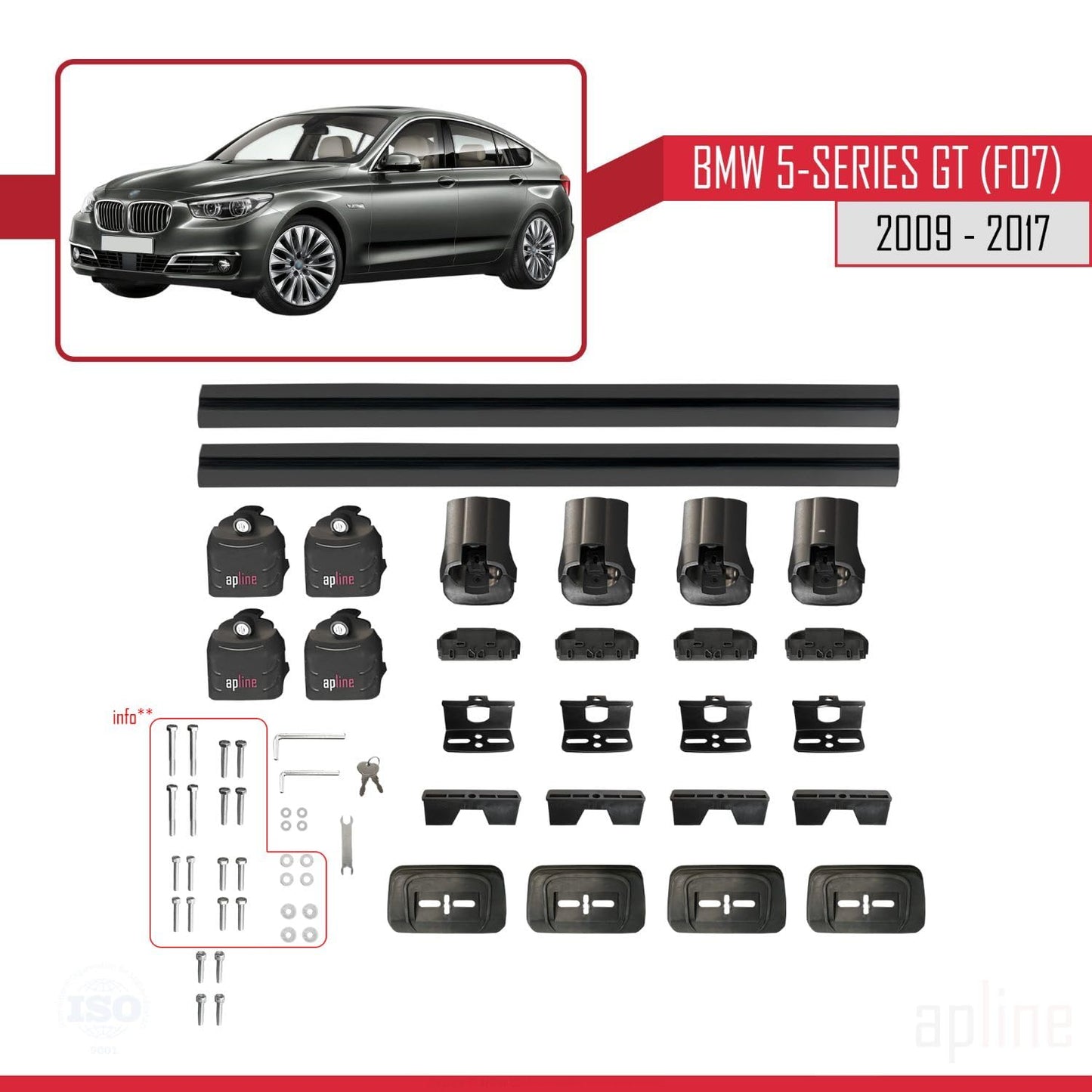 Compatible with BMW 5 Series Gran Turismo (F07) 2009-2017 ACE-3 Car Roof Rack Cross Bar Black Aluminium 2 Bars