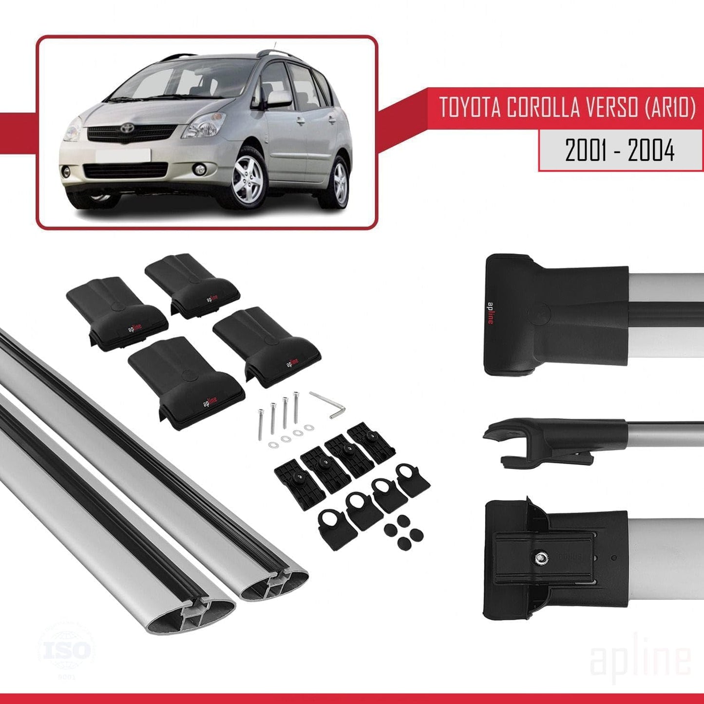 Compatible with Toyota Corolla Verso (E120) 2001-2004 Fly Model Car Roof Rack Cross Bar Grey Aluminium 2 Bars