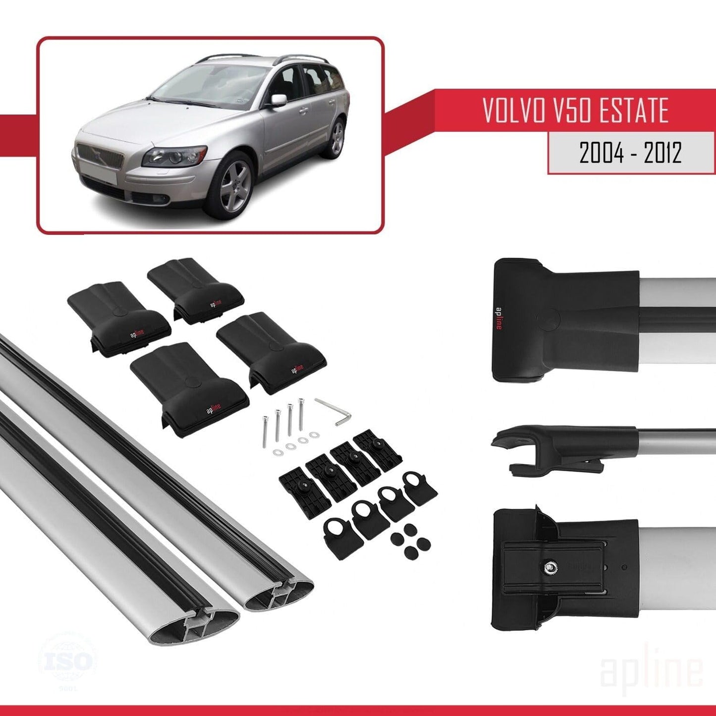 Compatible with Volvo V50 2004-2012 Fly Model Car Roof Rack Cross Bar Grey Aluminium 2 Bars