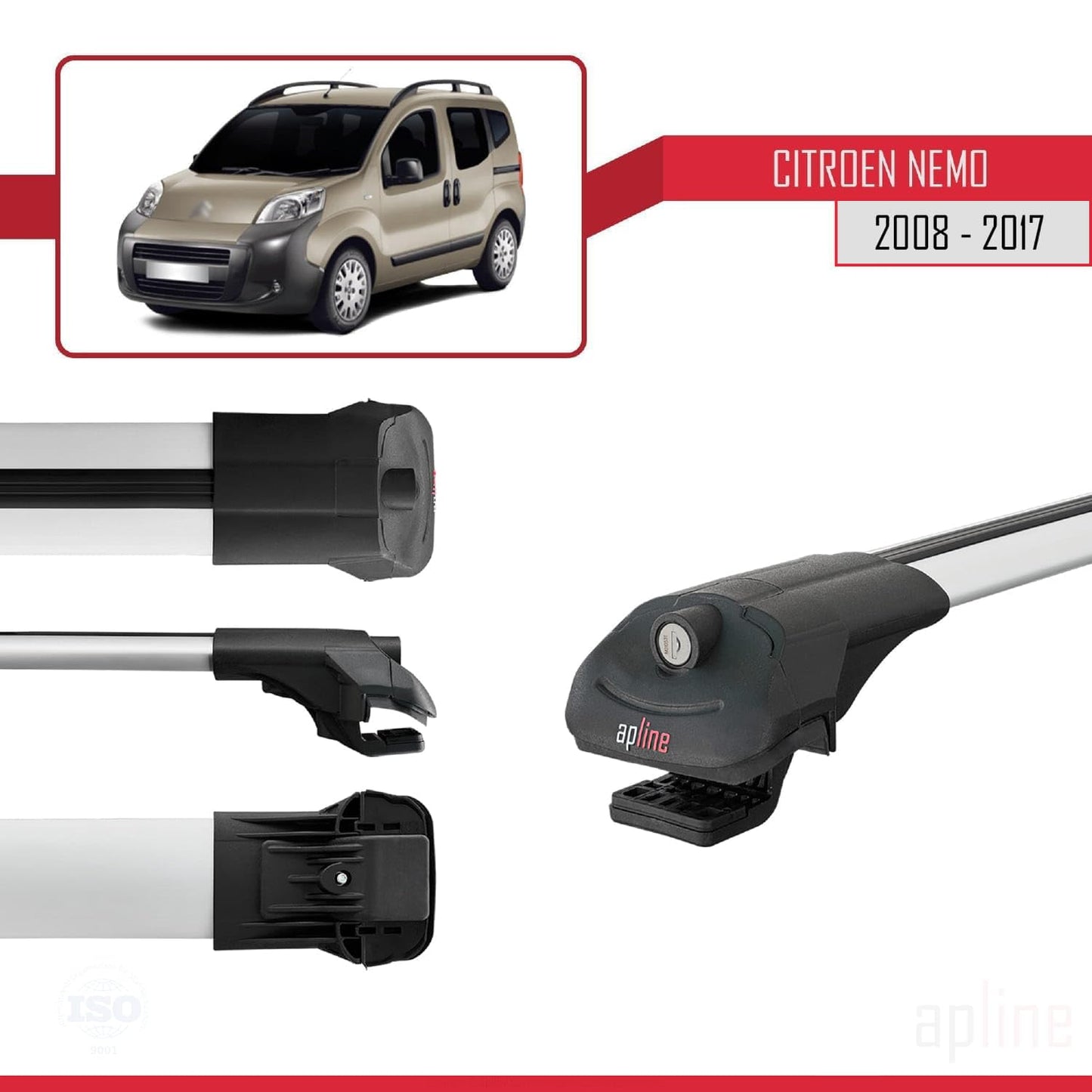 Compatible with Citroen Nemo 3 (225) 2008-2017 ACE-1 Car Roof Rack Cross Bar Grey Aluminium 2 Bars