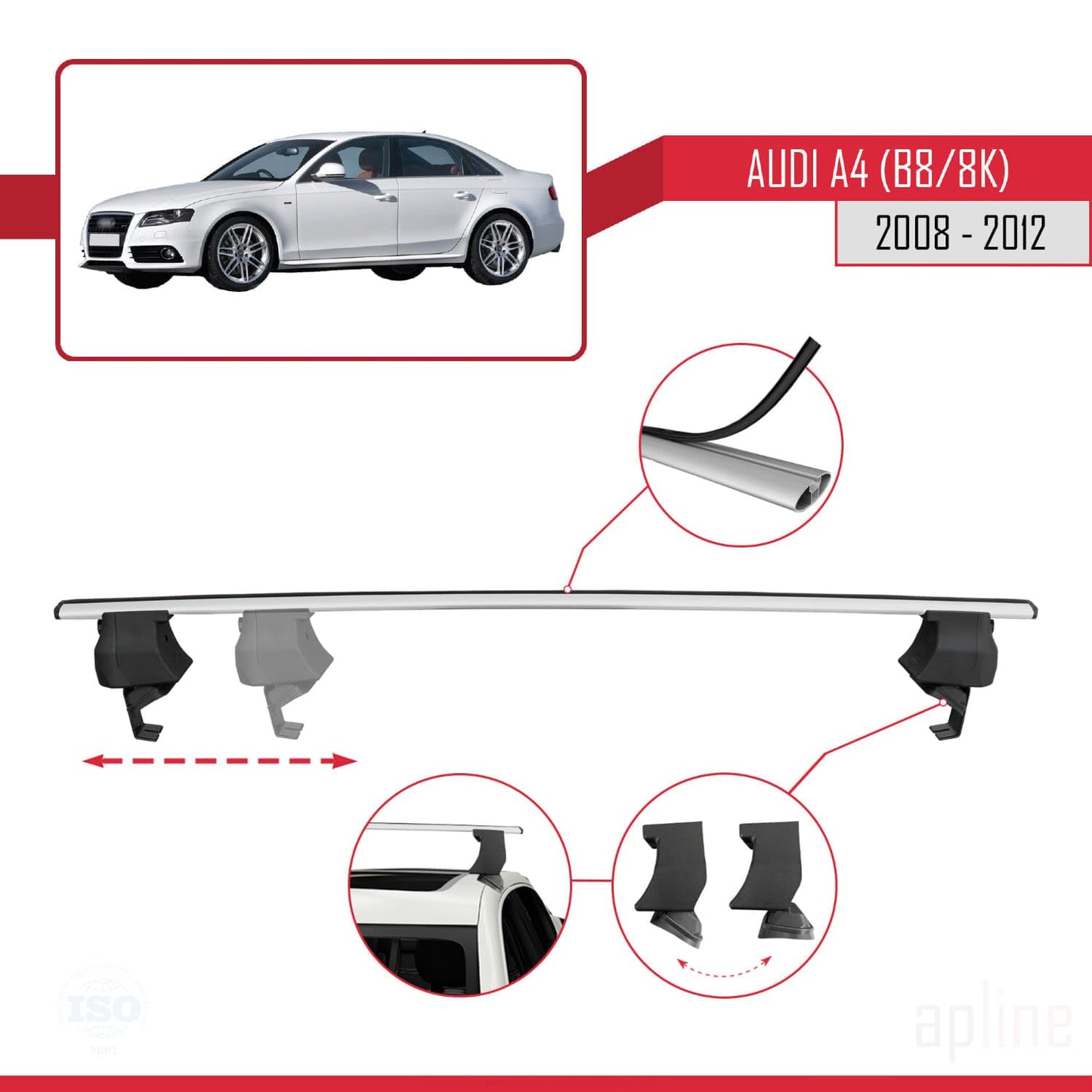 Compatible with Audi A4 (B8) Pre-Facelift 2008-2012 ACE-4 Car Roof Rack Cross Bar Grey Aluminium 2 Bars