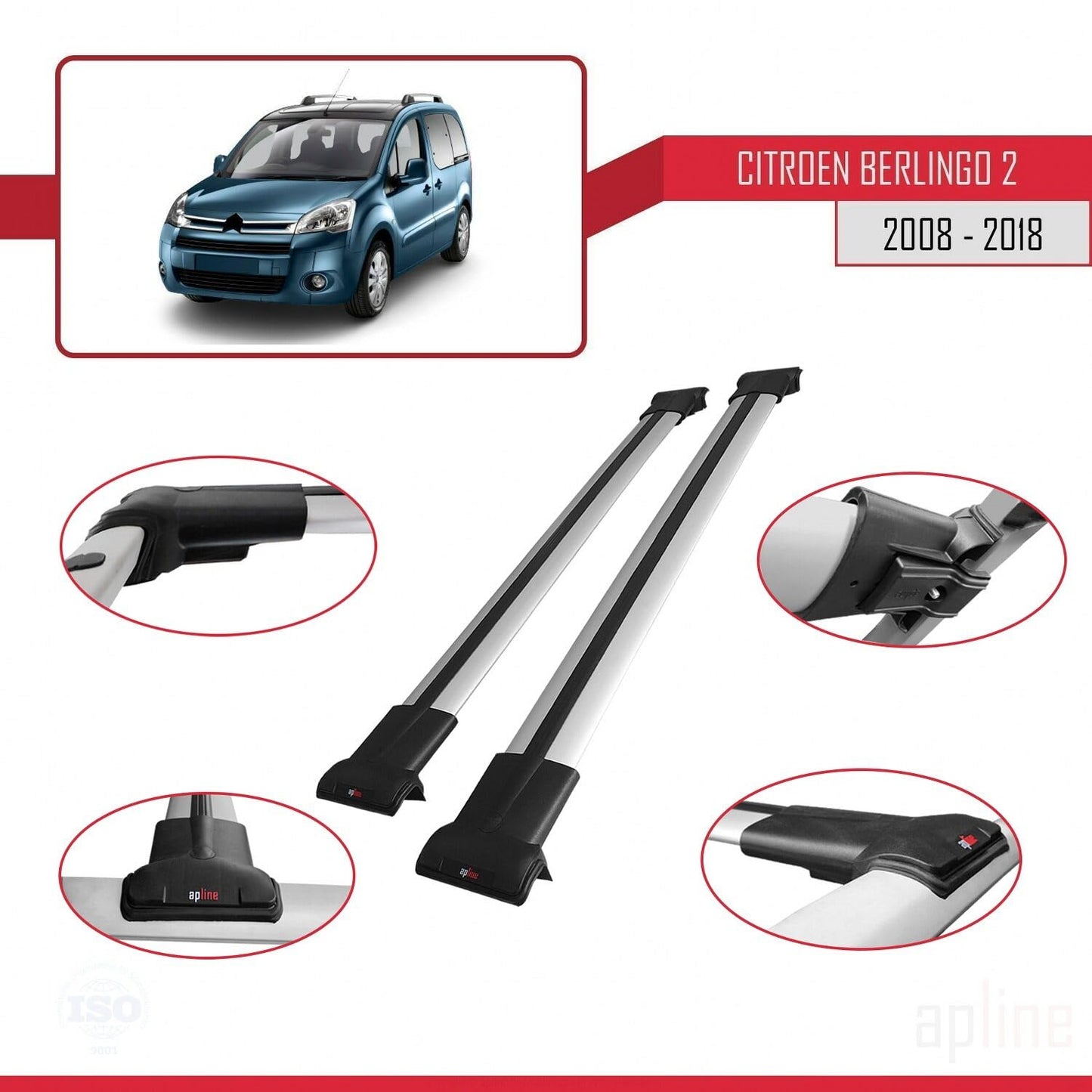 Compatible with Citroen Berlingo 2 (B9) 2008-2018 Fly Model Car Roof Rack Cross Bar Grey Aluminium 2 Bars