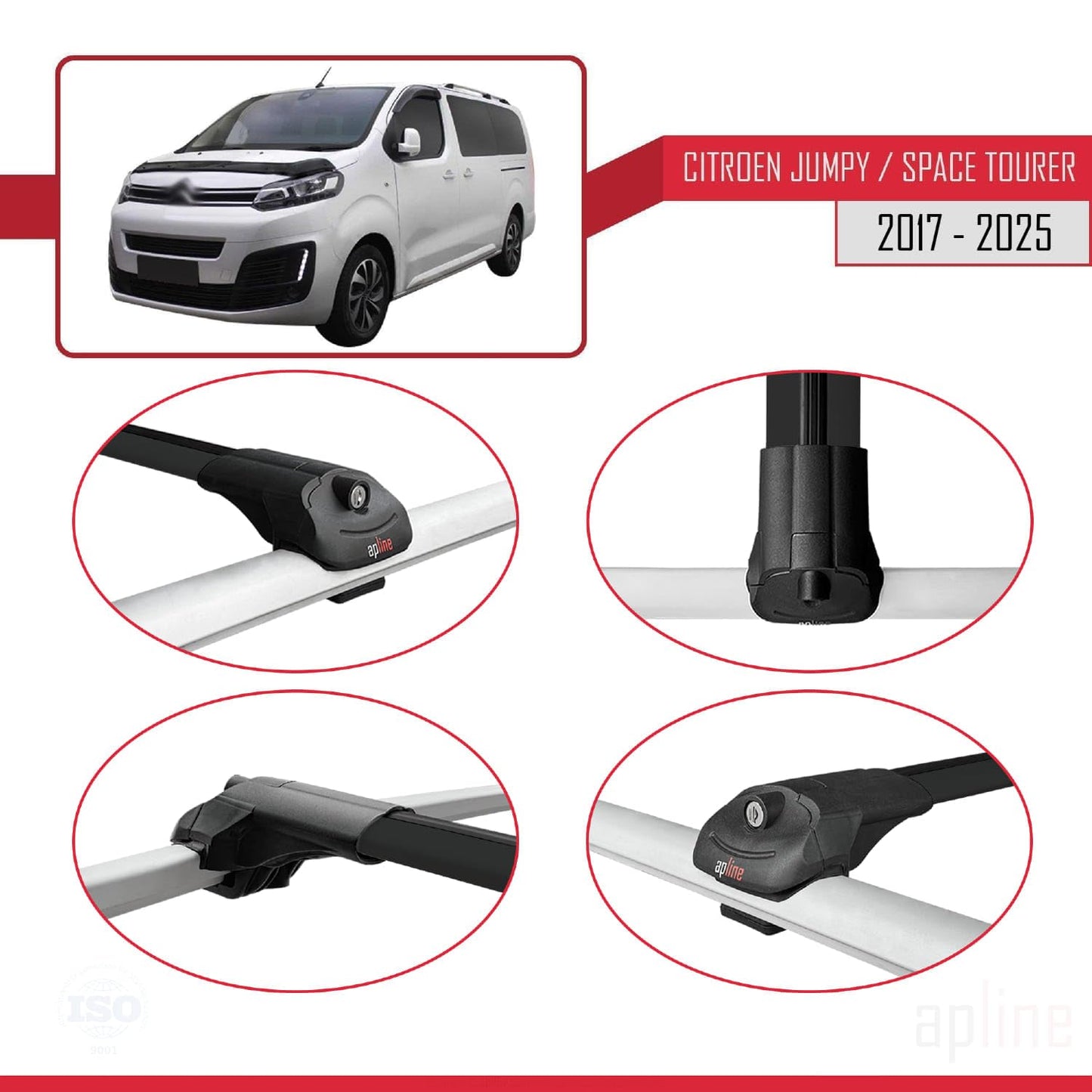 Compatible with Citroen Jumpy 3 (K0) Space Tourer 2017-2025 ACE-1 Car Roof Rack Cross Bar Black Aluminium 4 Bars