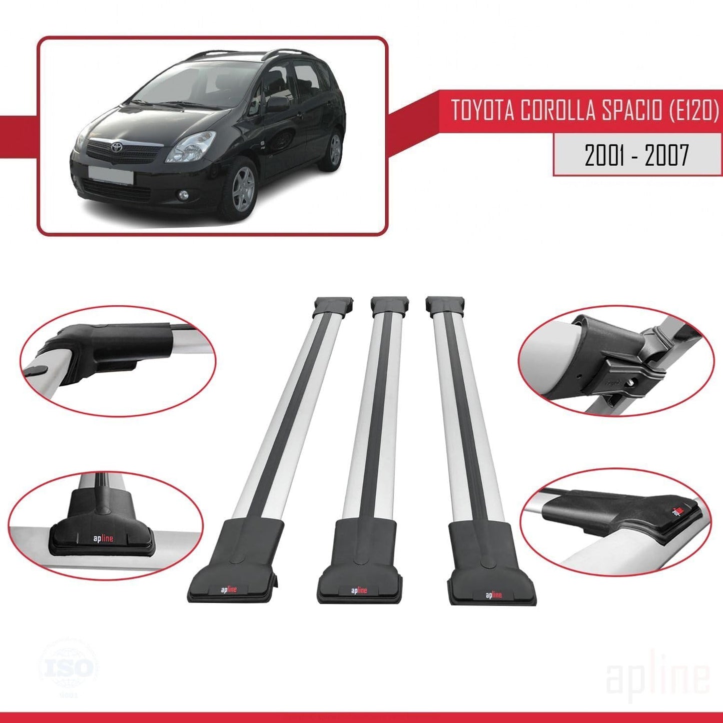 Compatible with Toyota Corolla Spacio 2 (E120) 2001-2007 Fly Model Car Roof Rack Cross Bar Grey Aluminium 3 Bars