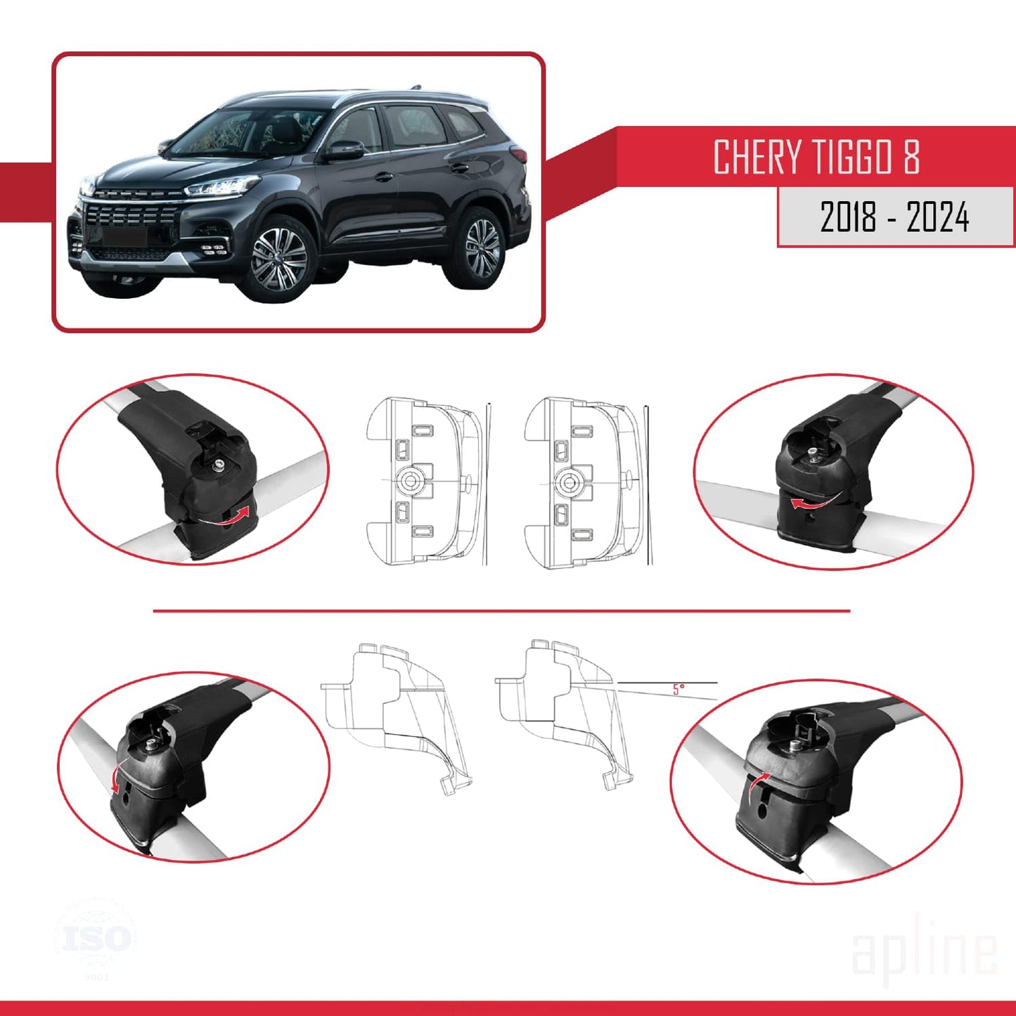 Compatible with Chery Tiggo 8 2018-2024 ACE-2 Car Roof Rack Cross Bar Grey Aluminium 2 Bars