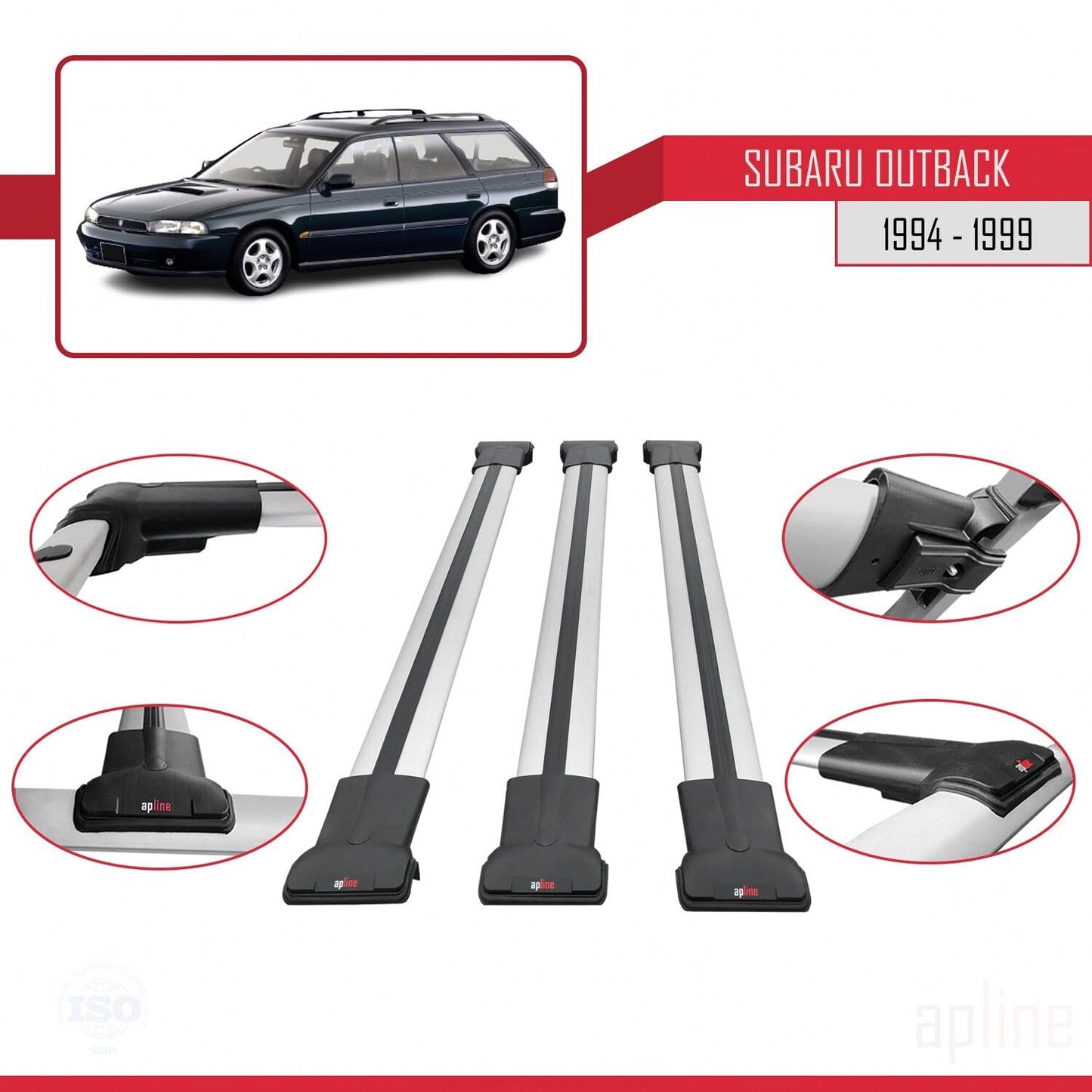 Compatible with Subaru Outback 1994-1999 Fly Model Car Roof Rack Cross Bar Grey Aluminium 3 Bars