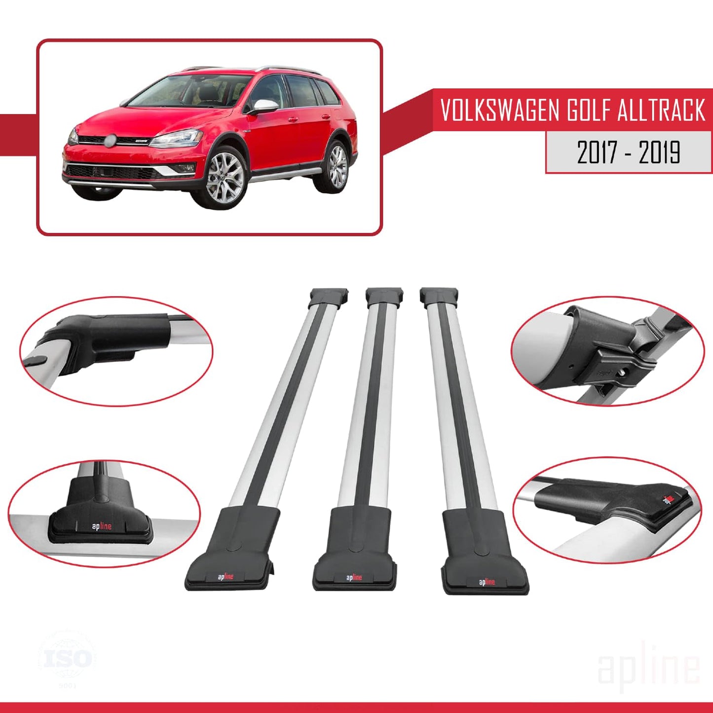 Compatible with VW Golf Alltrack Mk7 2017-2019 Fly Model Car Roof Rack Cross Bar Grey Aluminium 3 Bars