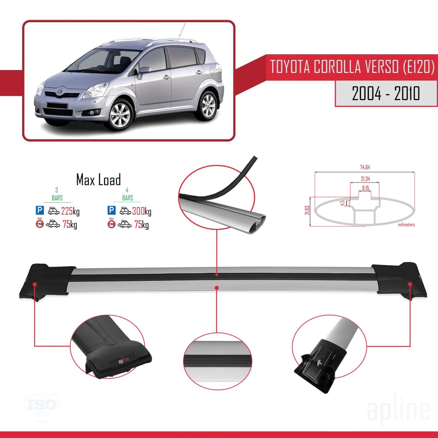 Compatible with Toyota Corolla Verso 2 (AR10) 2004-2010 Fly Model Car Roof Rack Cross Bar Grey Aluminium 3 Bars