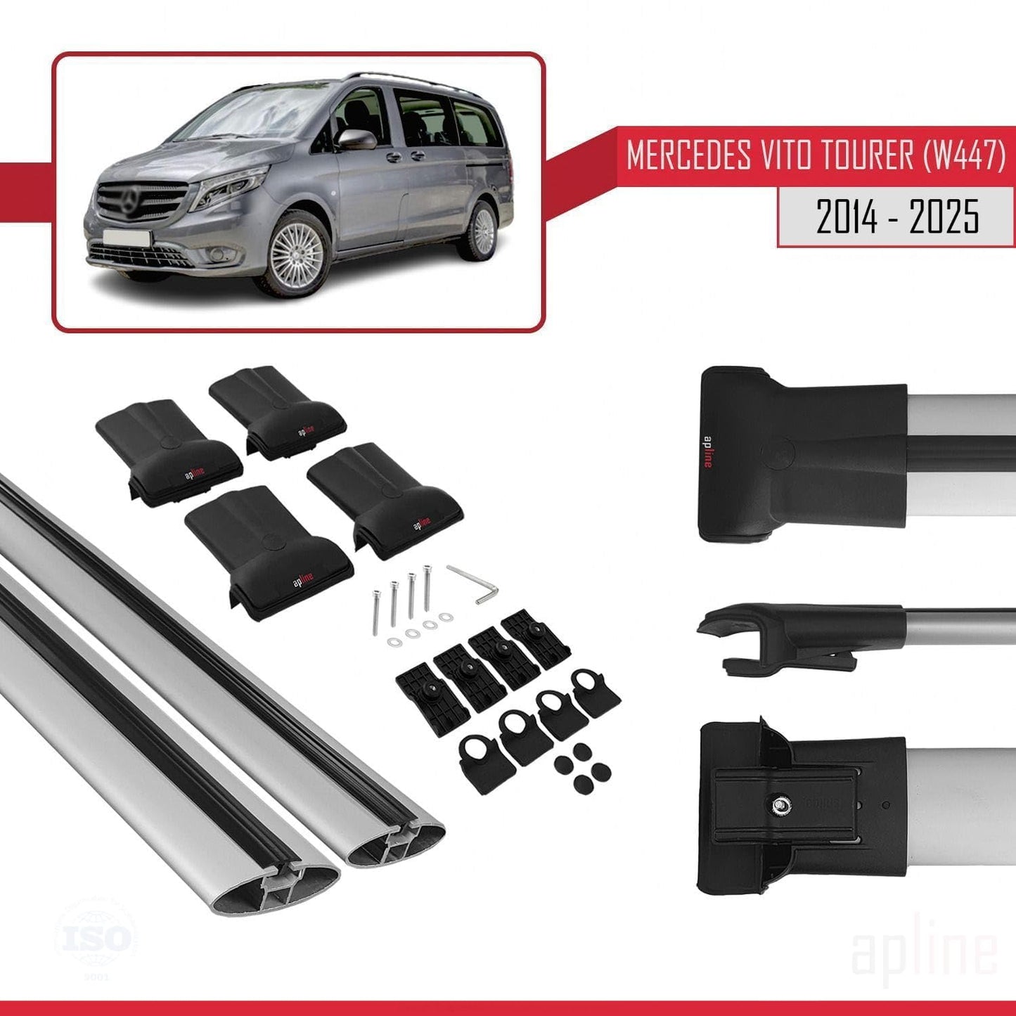 Compatible with Mercedes Vito Tourer (W447) 2014-2025 Fly Model Car Roof Rack Cross Bar Grey Aluminium 2 Bars